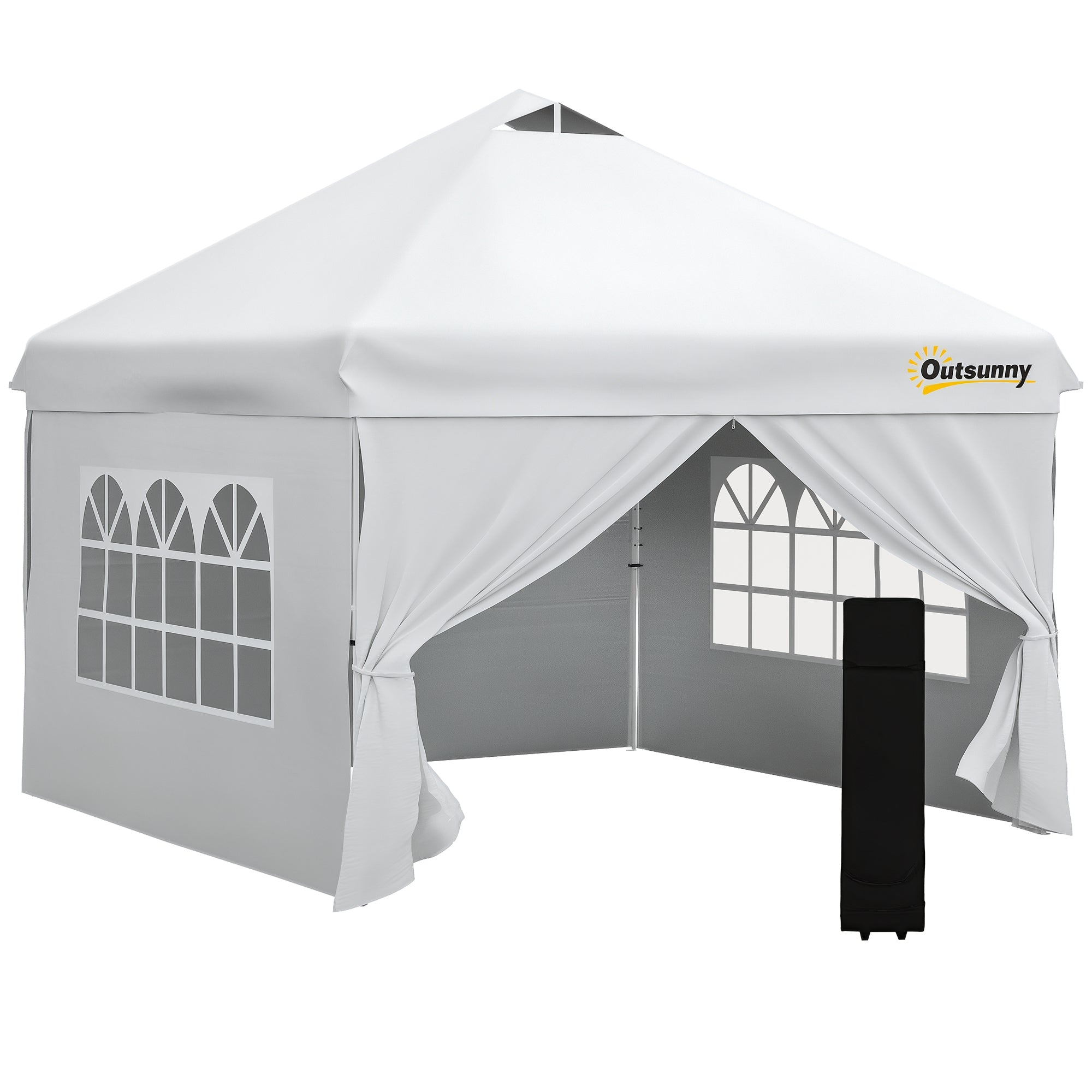Pop-up Garden Gazebo Tent 3x3m Adjustable Height with 4 Removable Side Walls, Windows, Carry Bag with Wheels - White