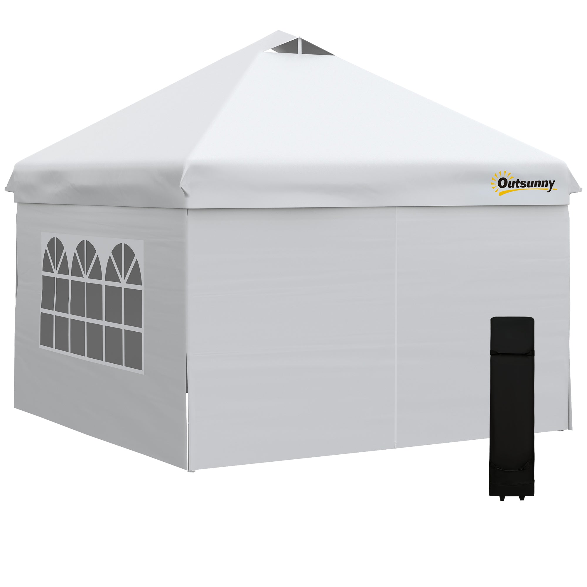 Pop-up Garden Gazebo Tent 3x3m Adjustable Height with 4 Removable Side Walls, Windows, Carry Bag with Wheels - White