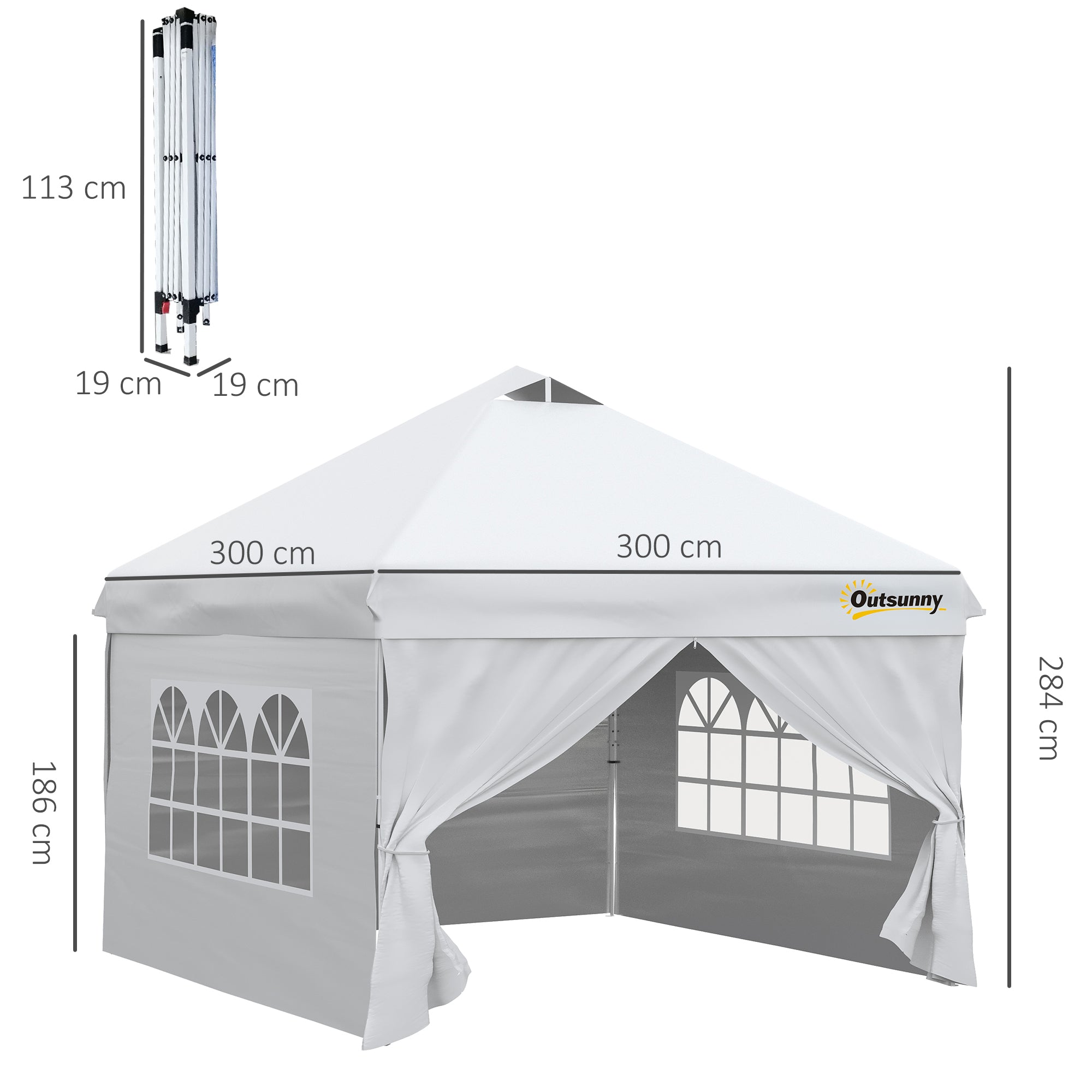 Pop-up Garden Gazebo Tent 3x3m Adjustable Height with 4 Removable Side Walls, Windows, Carry Bag with Wheels - White