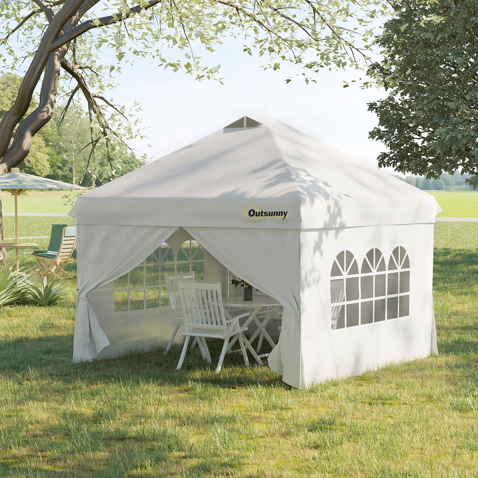 Pop-up Garden Gazebo Tent 3x3m Adjustable Height with 4 Removable Side Walls, Windows, Carry Bag with Wheels - White