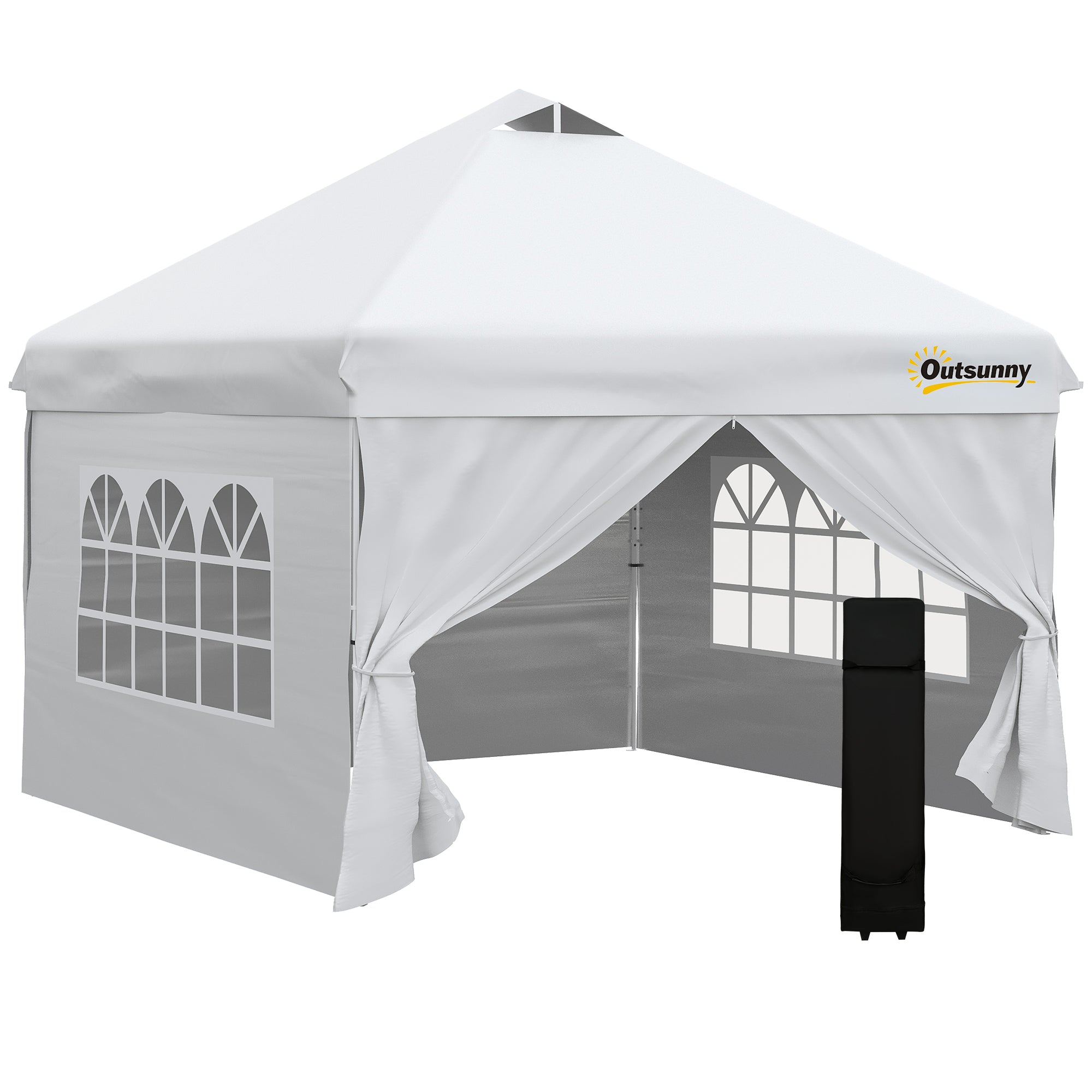 Pop-up Garden Gazebo Tent 3x3m Adjustable Height with 4 Removable Side Walls, Windows, Carry Bag with Wheels - White