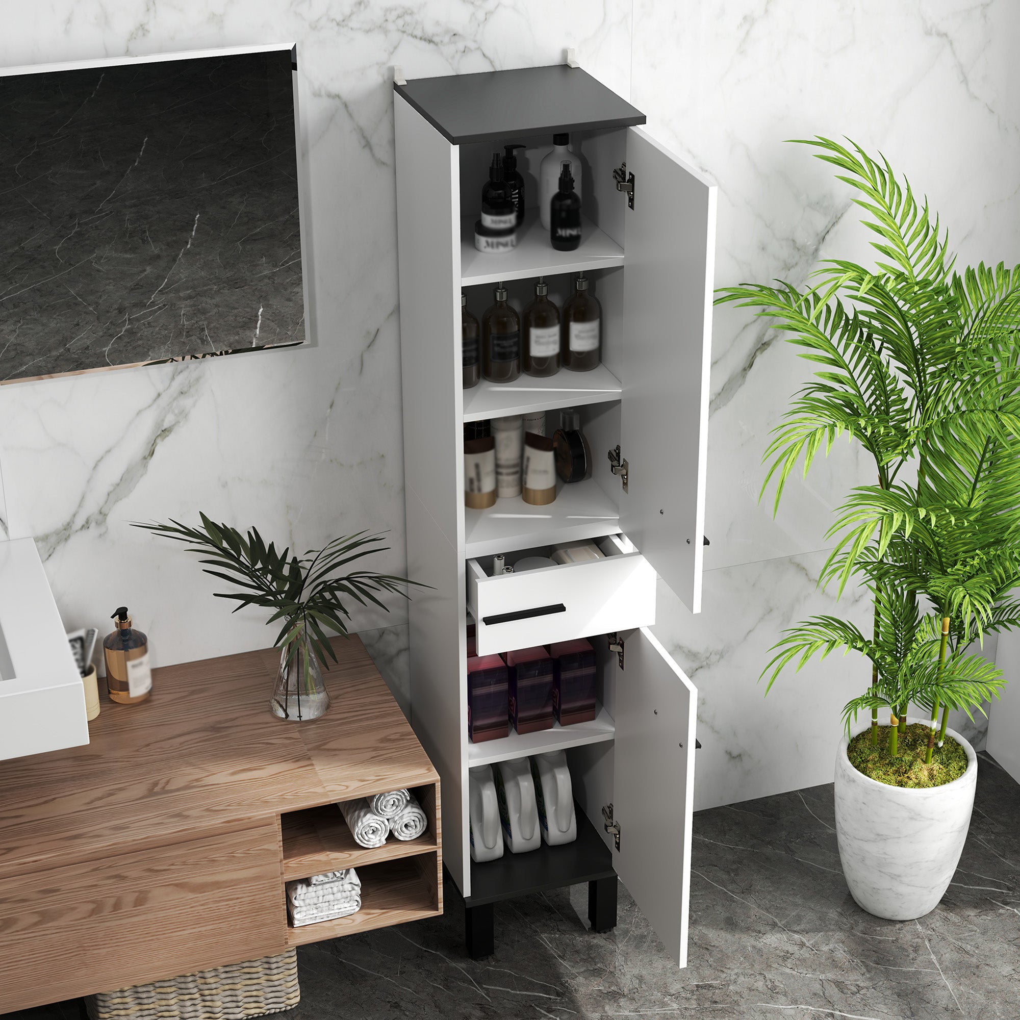 Bathroom Column Tall Bathroom Cabinet with Drawer 2 Doors and Adjustable Shelves Modern Bathroom Furniture Anti-tipping 34x32x170 cm White