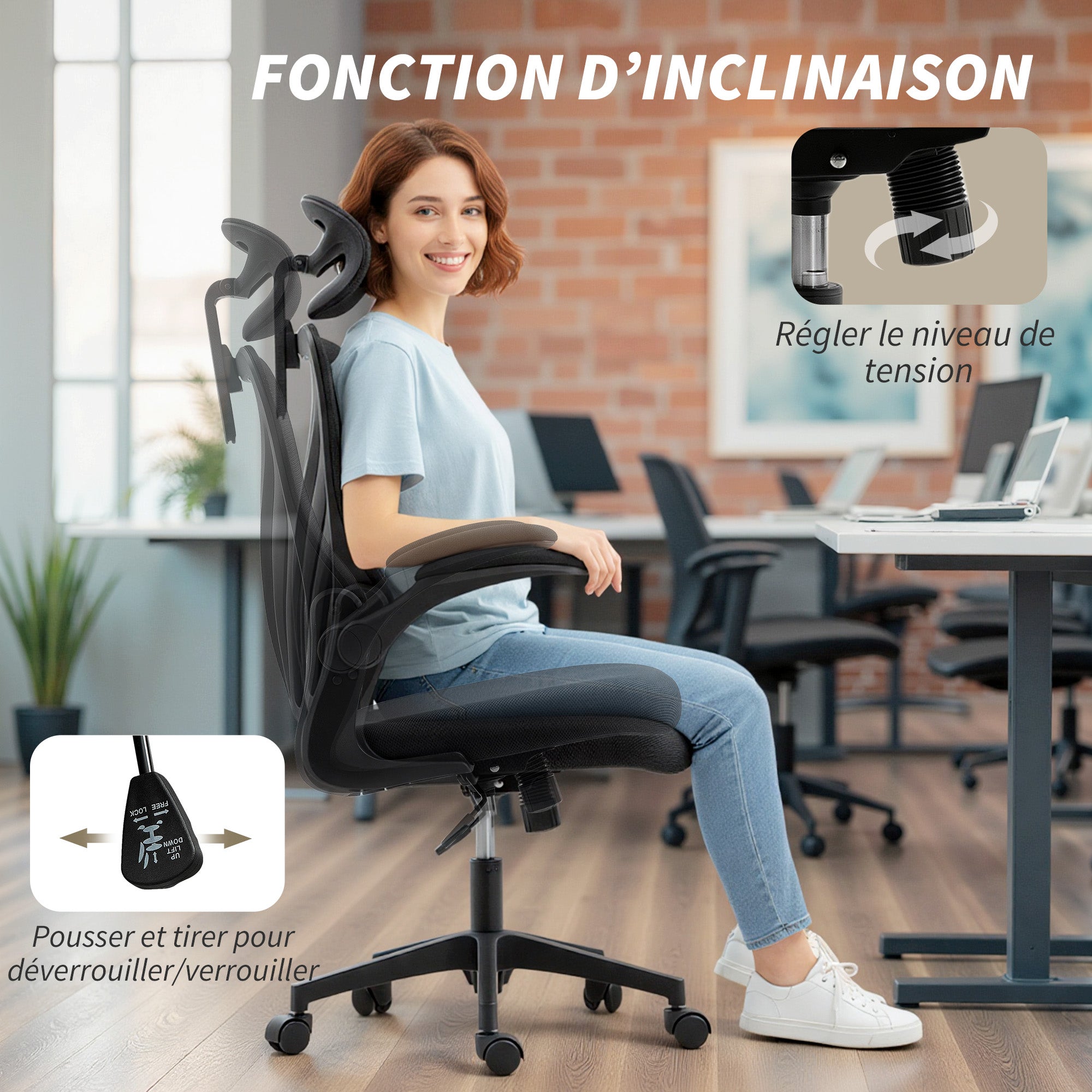 Ergonomic Office Chair, Mesh Desk Chair with Folding Back, 2D Adjustable Headrest, Flip-Up Armrests, Lumbar Support, Tilt & 360° Swivel — Light Gray