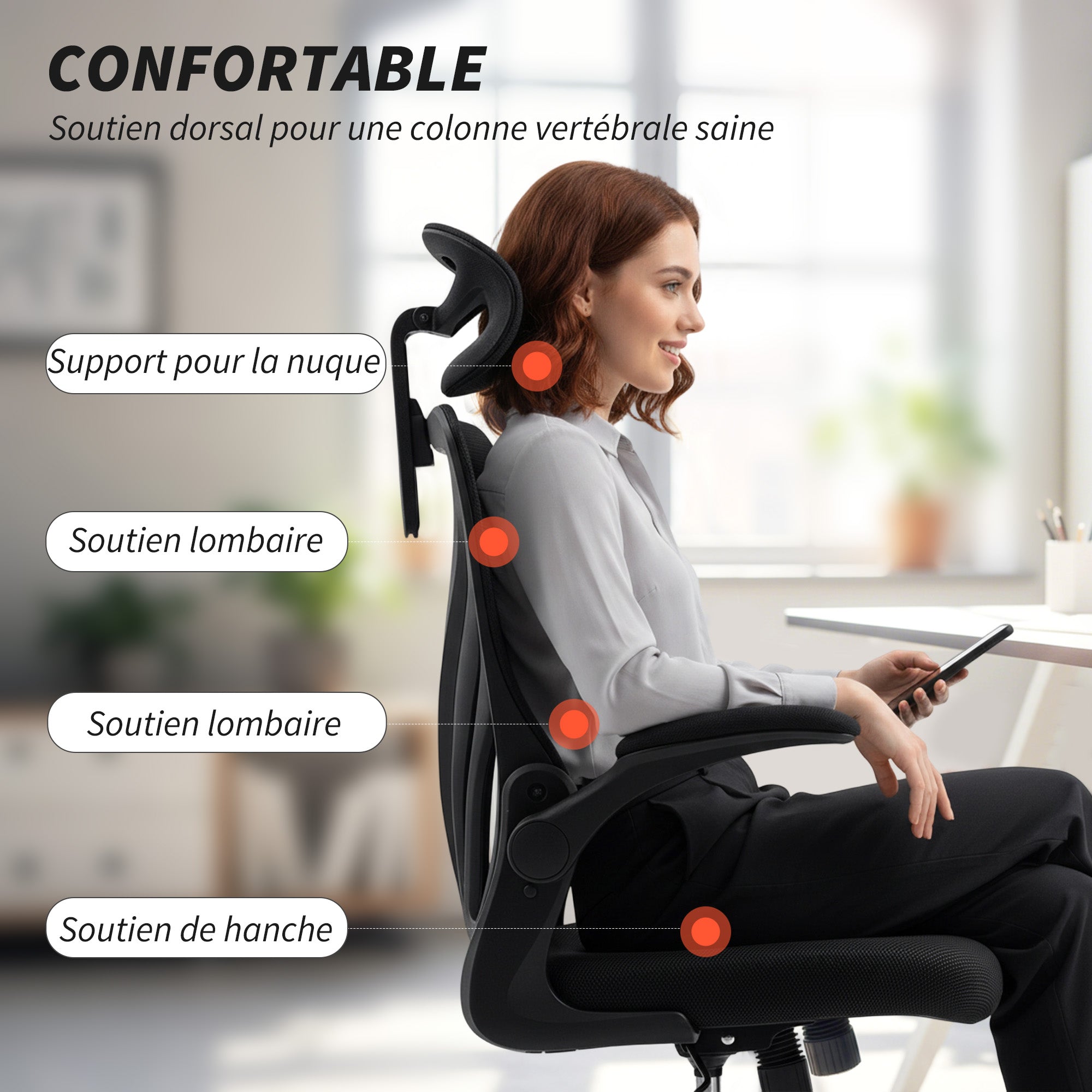 Ergonomic Office Chair, Mesh Desk Chair with Folding Back, 2D Adjustable Headrest, Flip-Up Armrests, Lumbar Support, Tilt & 360° Swivel — Light Gray