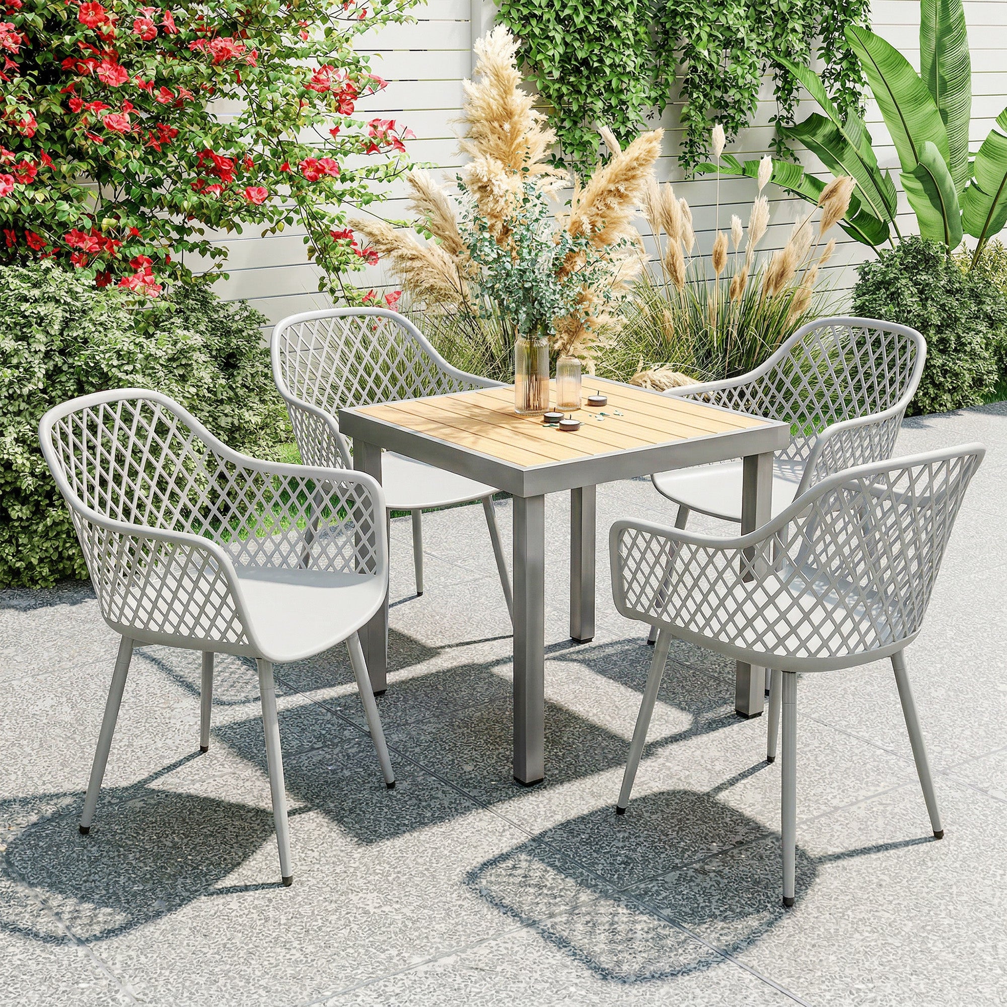 Set of 4 Outdoor Patio Chairs — Diamond Back, UV-Resistant PP Seats, Metal Legs, Gray