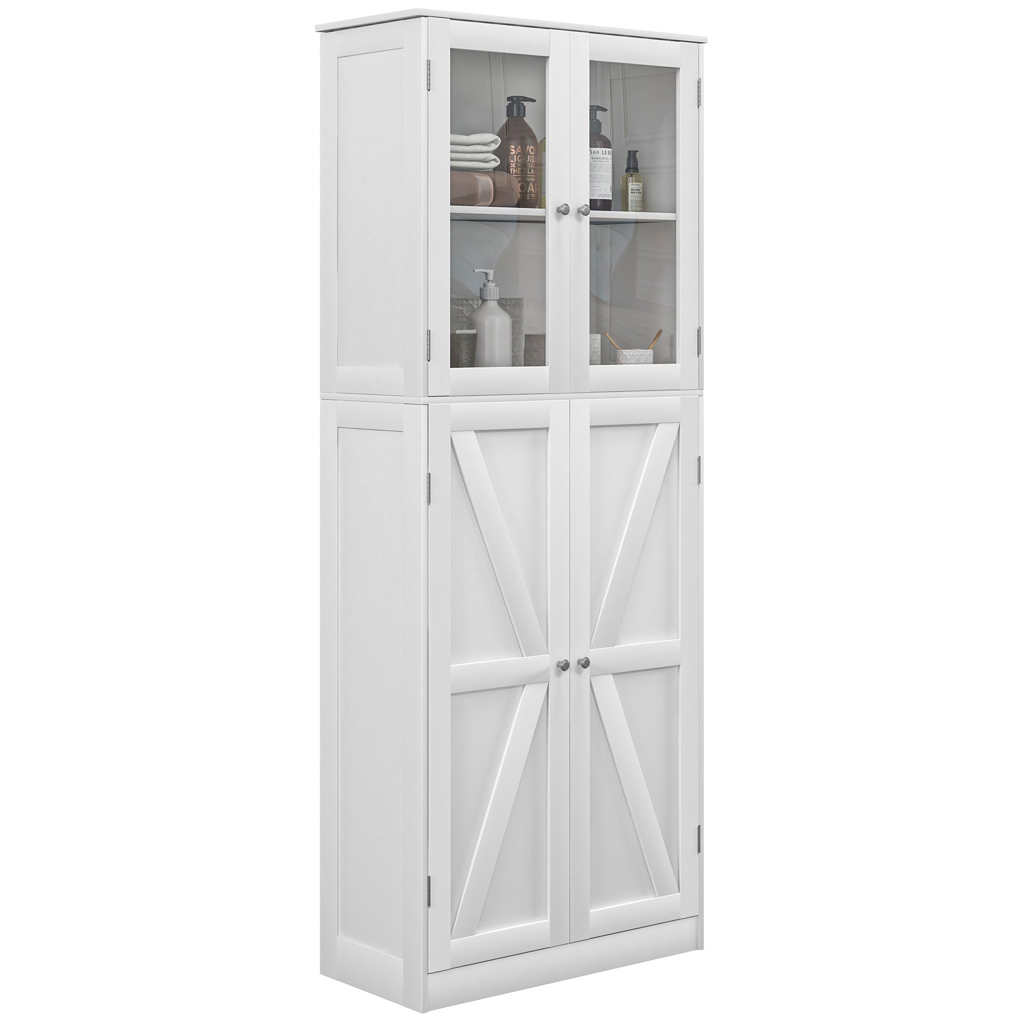 Bathroom Furniture, Bathroom Cabinet, with two tempered glass double-door cabinets, anti-tip design, 60W x 30D x 160H cm, white