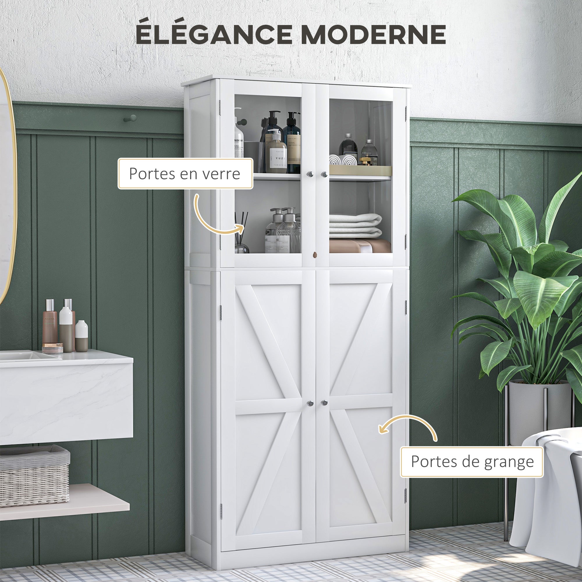 Bathroom Furniture, Bathroom Cabinet, with two tempered glass double-door cabinets, anti-tip design, 60W x 30D x 160H cm, white