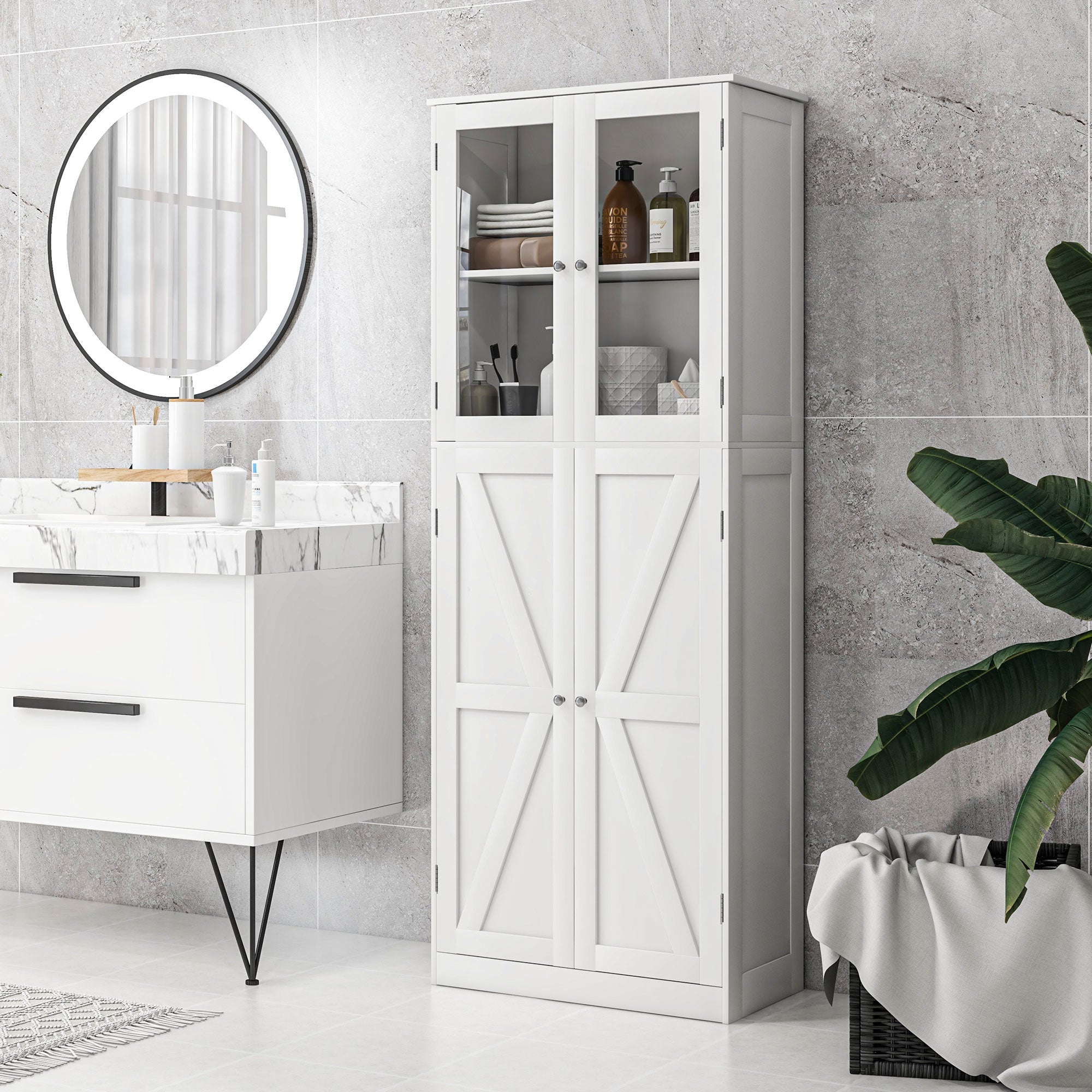 Bathroom Furniture, Bathroom Cabinet, with two tempered glass double-door cabinets, anti-tip design, 60W x 30D x 160H cm, white