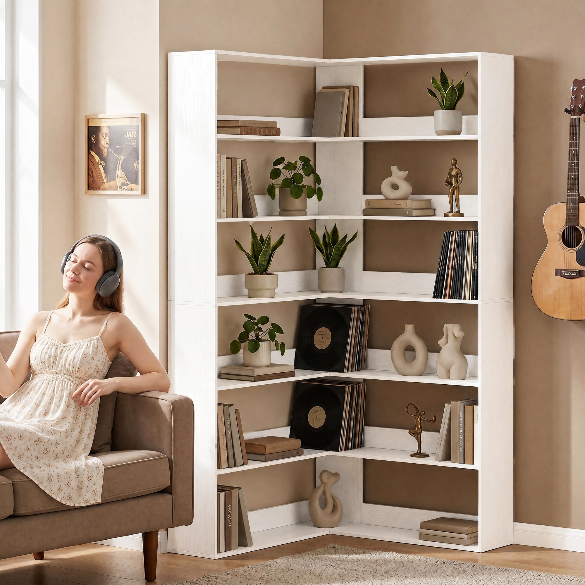 7-Tier L-Shaped Corner Bookcase, White Wood-Effect, Non-Slip 2.8 in Back Lip, 35.4 x 35.4 x 70.9 in
