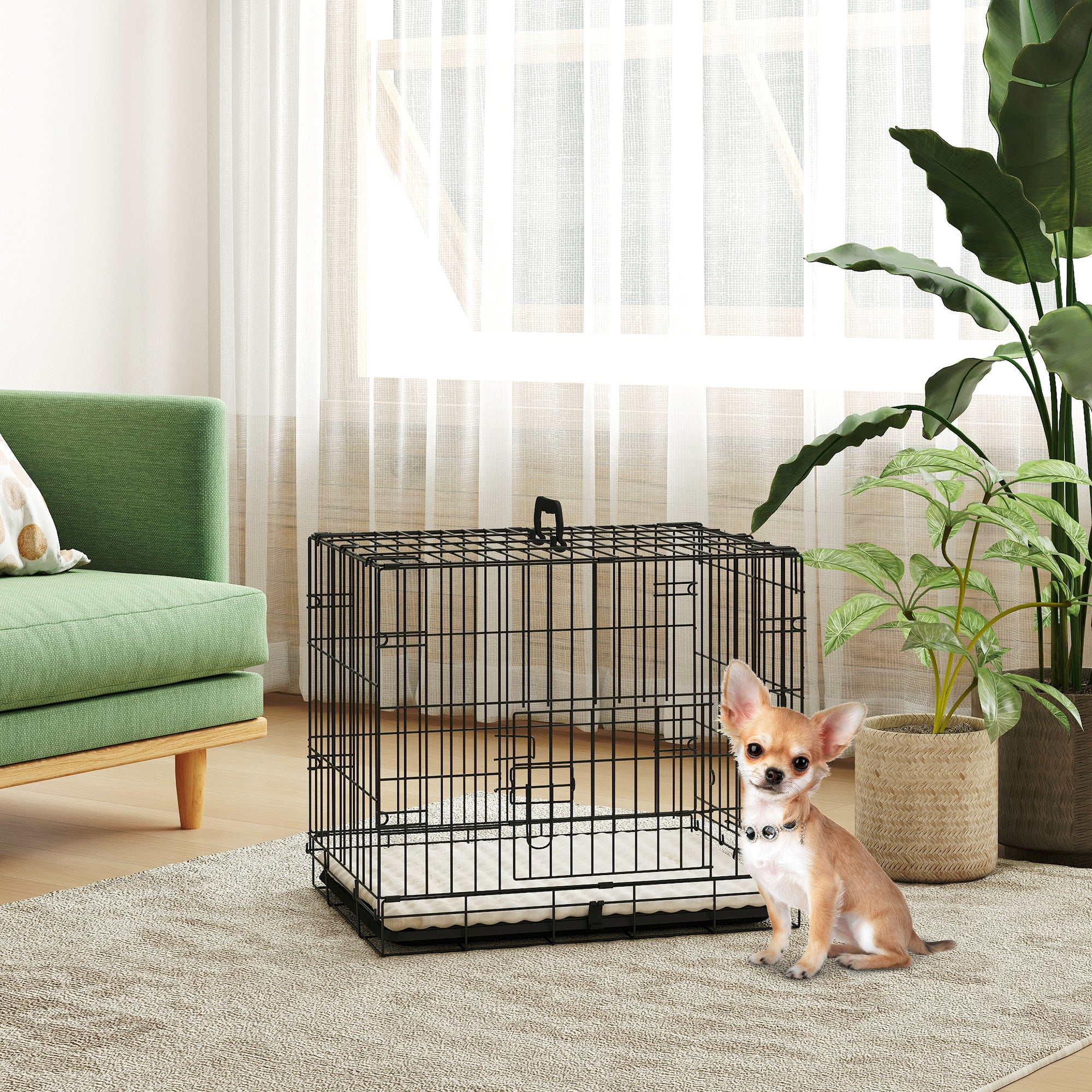 Small Dog Crate with Cushion, 2 Doors, Removable Tray, and Metal Wire Frame 60x40x50 cm Black and Beige