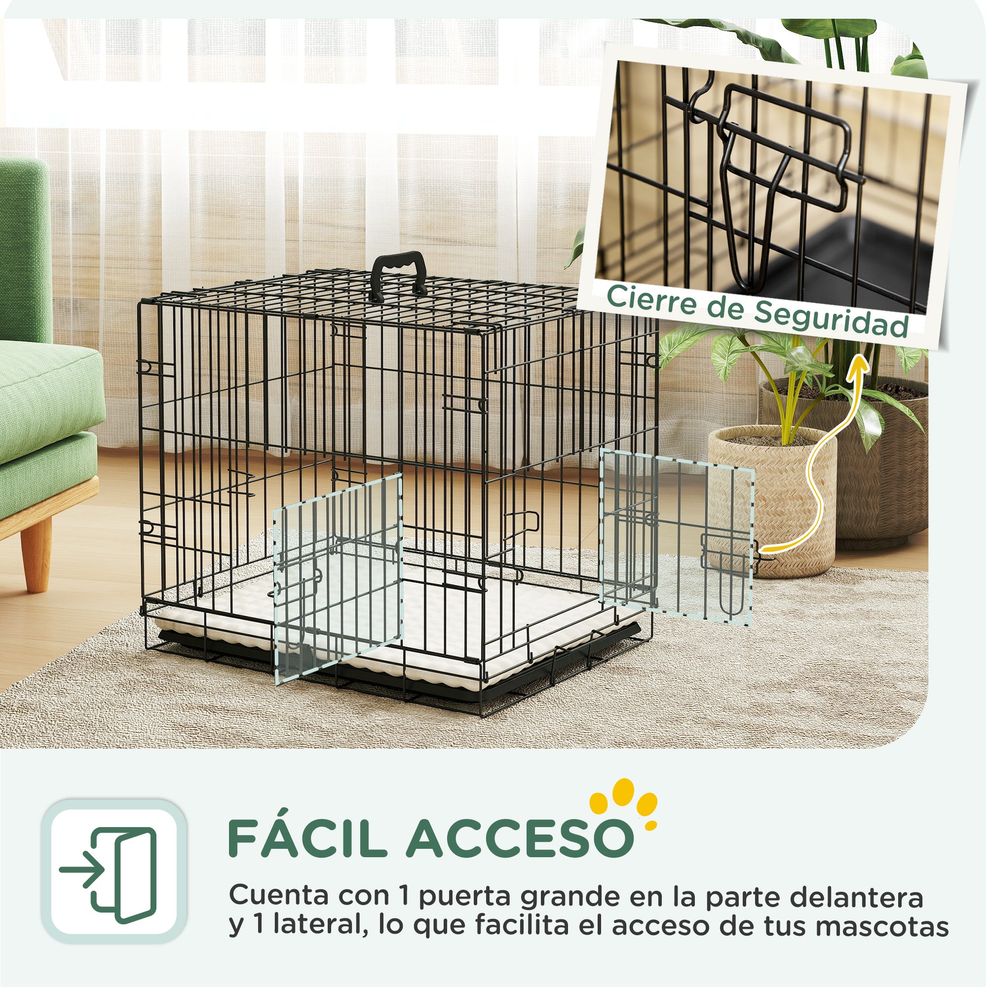 Small Dog Crate with Cushion, 2 Doors, Removable Tray, and Metal Wire Frame 60x40x50 cm Black and Beige