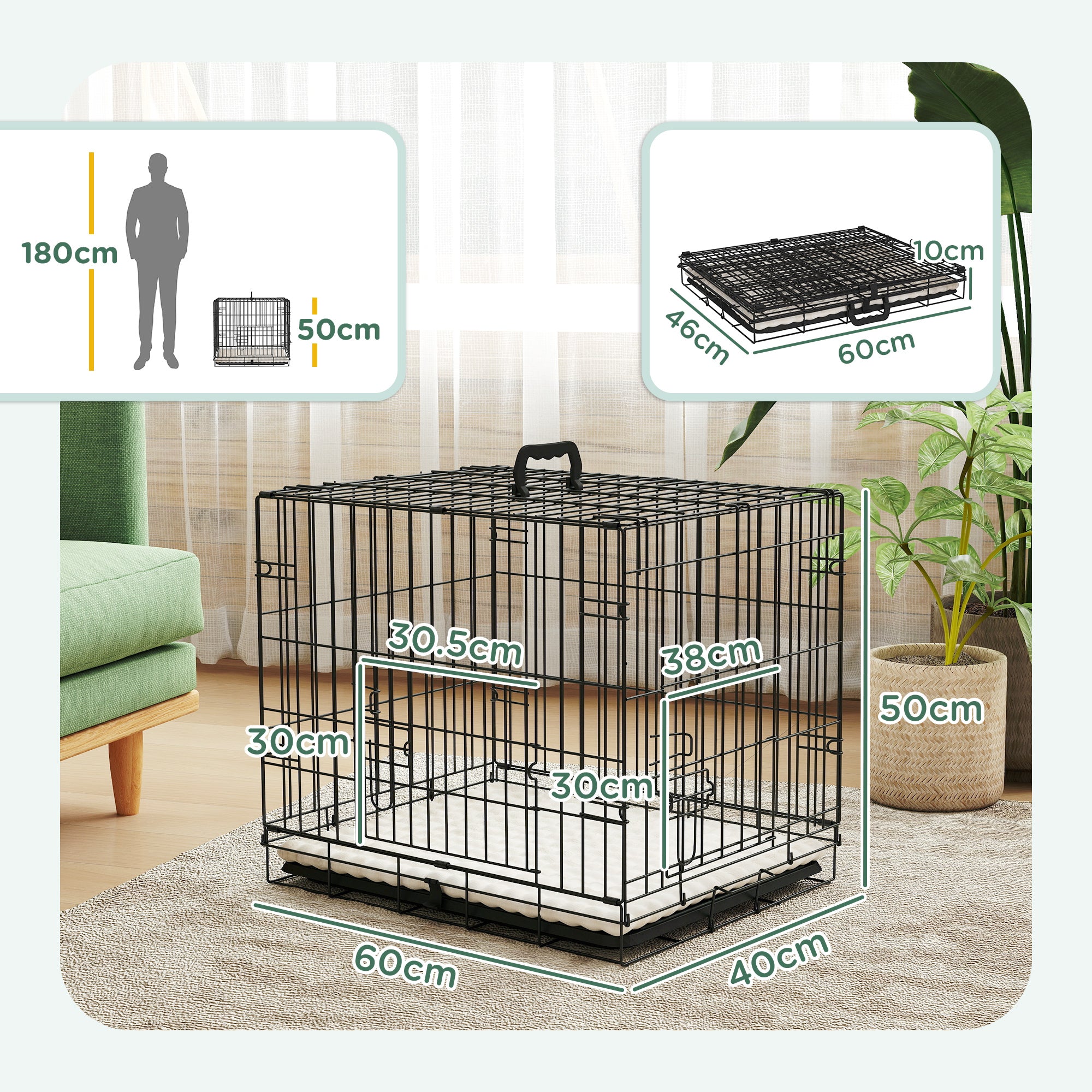 Small Dog Crate with Cushion, 2 Doors, Removable Tray, and Metal Wire Frame 60x40x50 cm Black and Beige