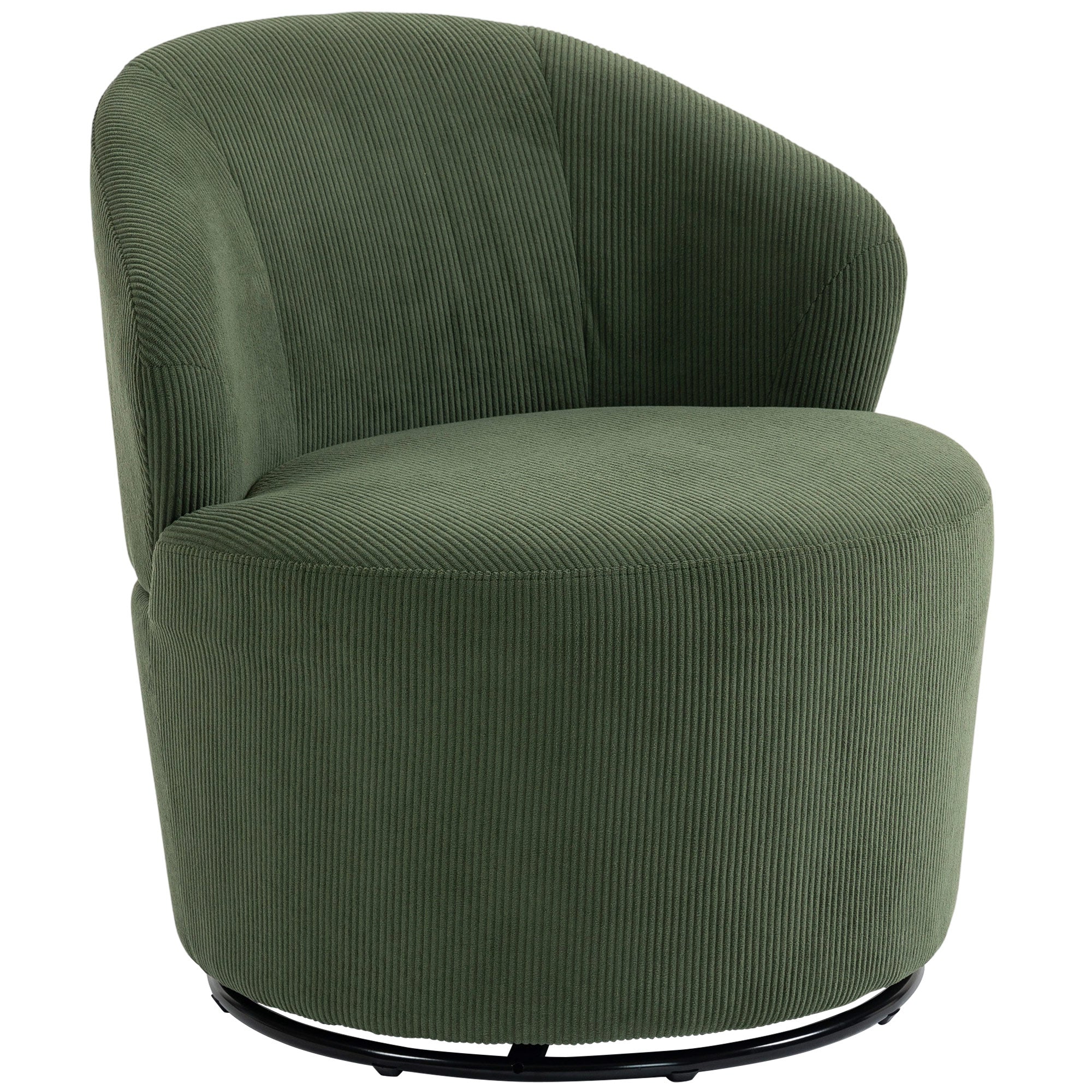 Swivel Lounge Chair with Wide Seat — Modern Upholstered Armchair with Curved Back and Thick Padding, Corduroy Look, Green