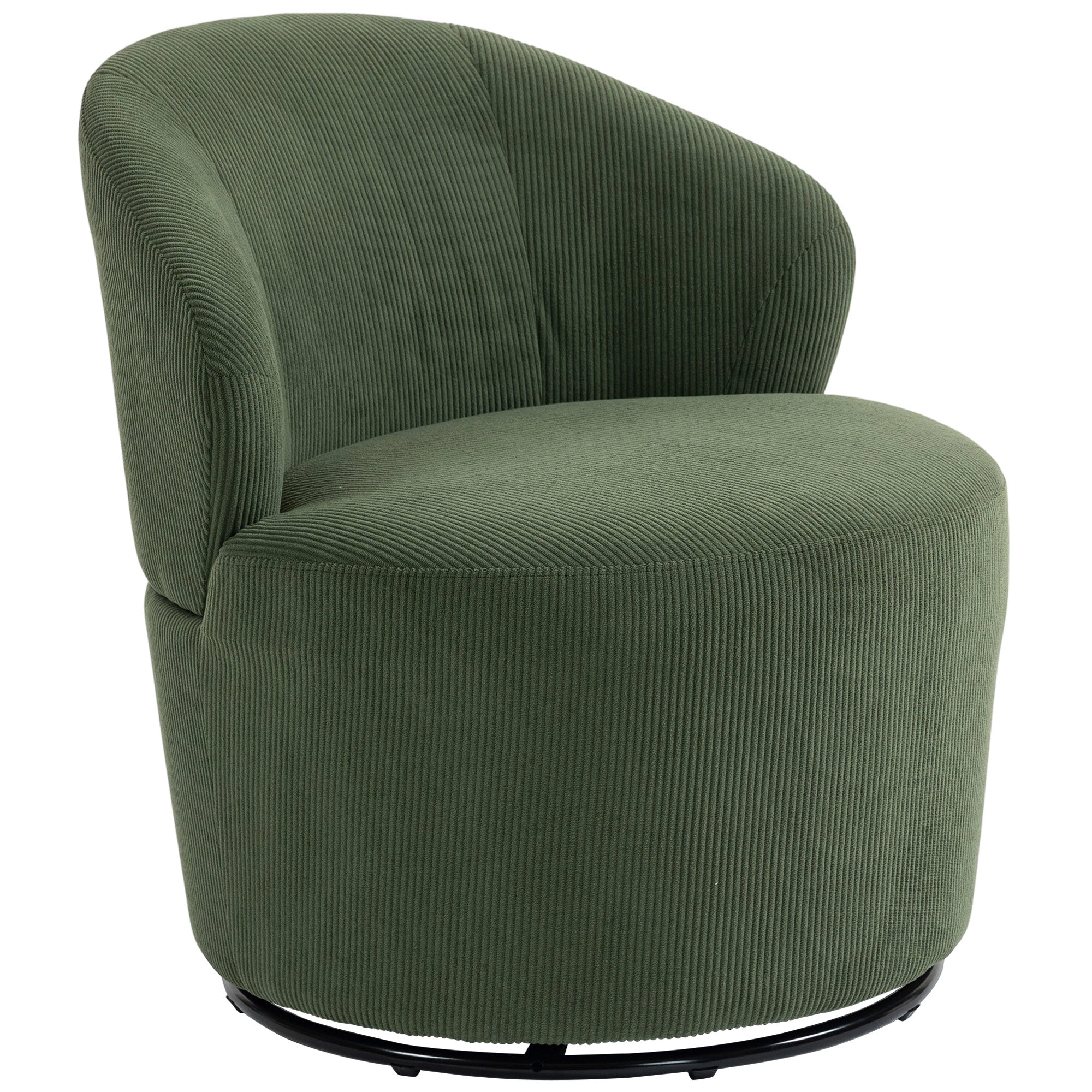 Swivel Lounge Chair with Wide Seat — Modern Upholstered Armchair with Curved Back and Thick Padding, Corduroy Look, Green