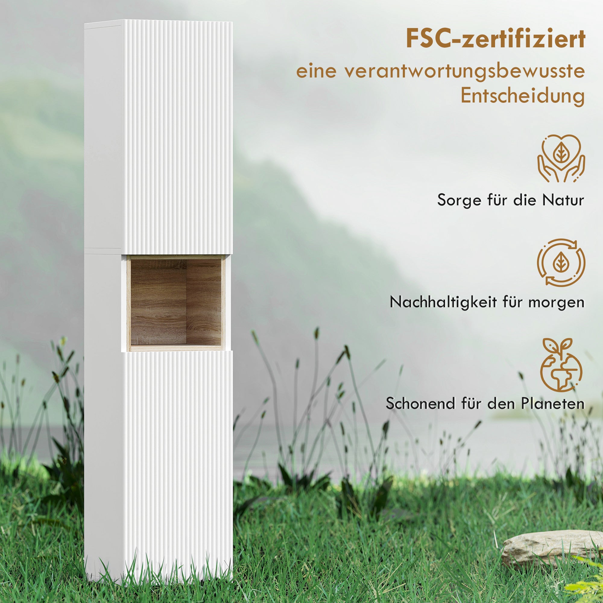 Narrow Tall Bathroom Cabinet — 2 Ribbed Soft-Close Doors, Open Shelf & Adjustable Shelves, 11.8 x 9.4 x 55.1 in, White