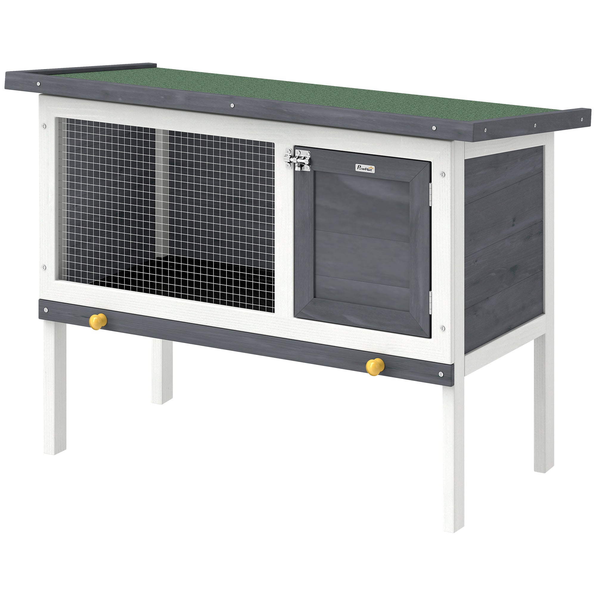 Wooden Rabbit Hutch 35.4 x 17.7 x 25.6 in, Elevated Outdoor Small Animal Cage with Hinged Bitumen Roof, Pull-Out Tray, Door & Metal Wire — Gray