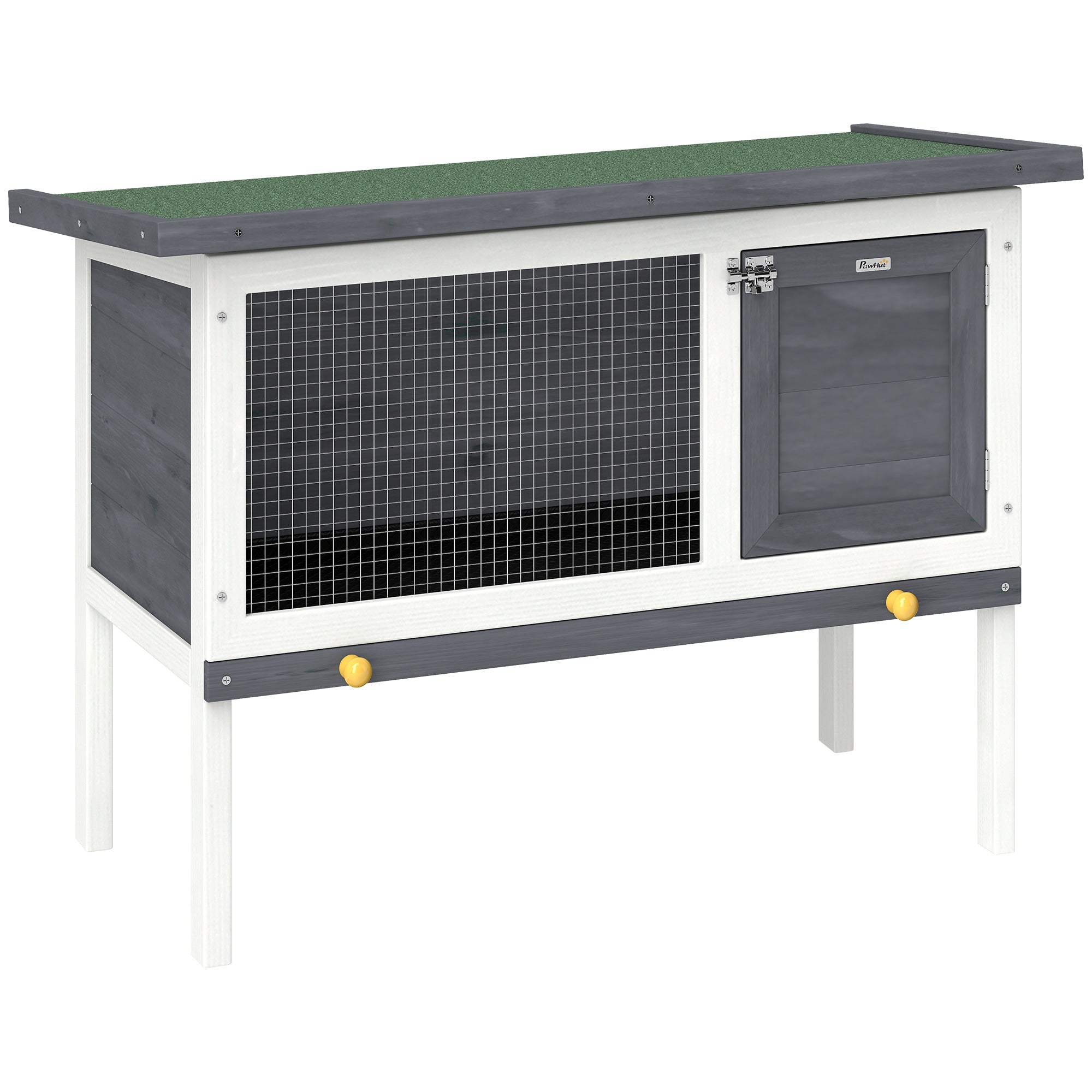 Wooden Rabbit Hutch 35.4 x 17.7 x 25.6 in, Elevated Outdoor Small Animal Cage with Hinged Bitumen Roof, Pull-Out Tray, Door & Metal Wire — Gray