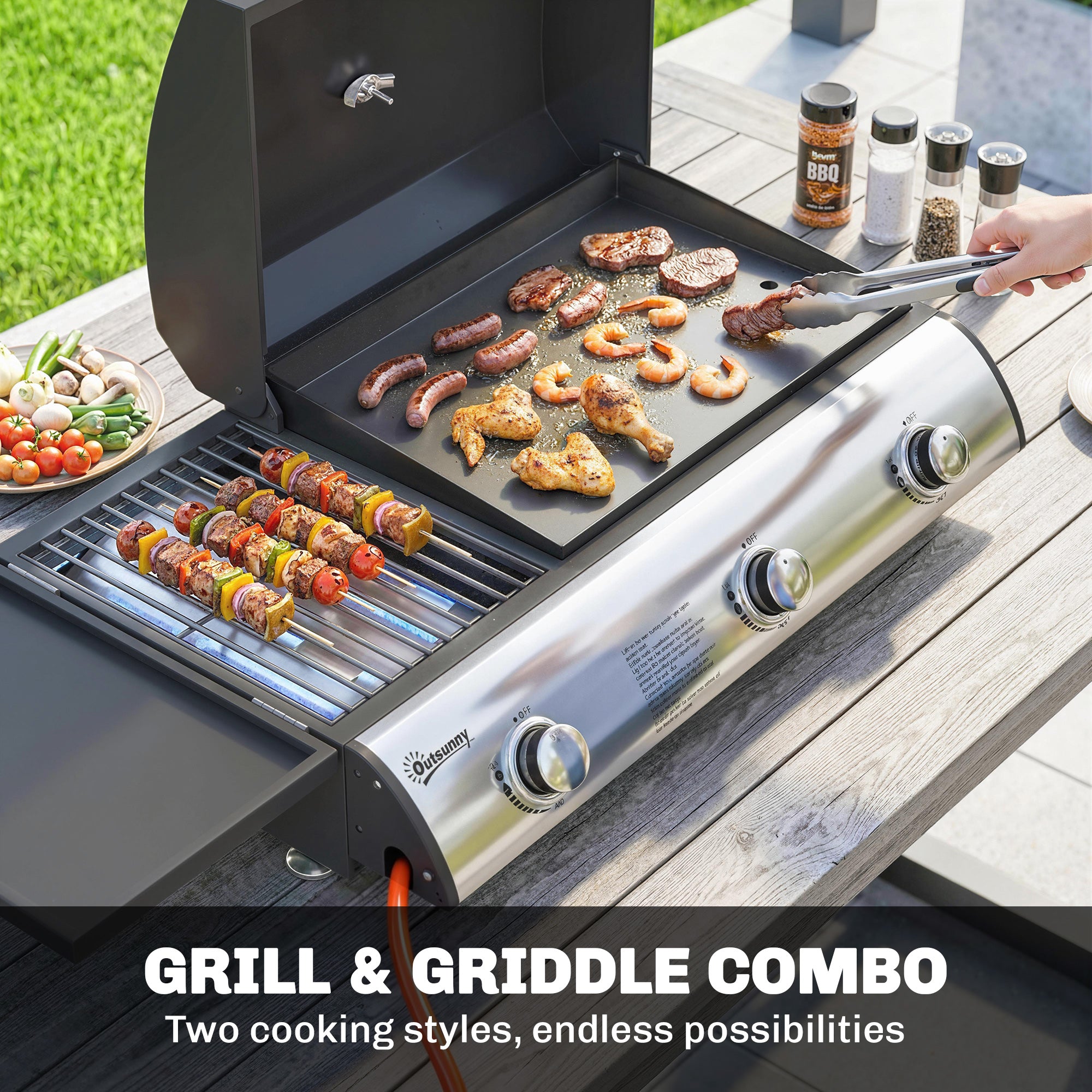 7.5 kW Portable Tabletop Gas Grill — 3 Burners, Griddle, Side Shelf, Enamel Grates, Removable Grease Tray & Thermometer — Ideal for Garden, Balcony & Picnics