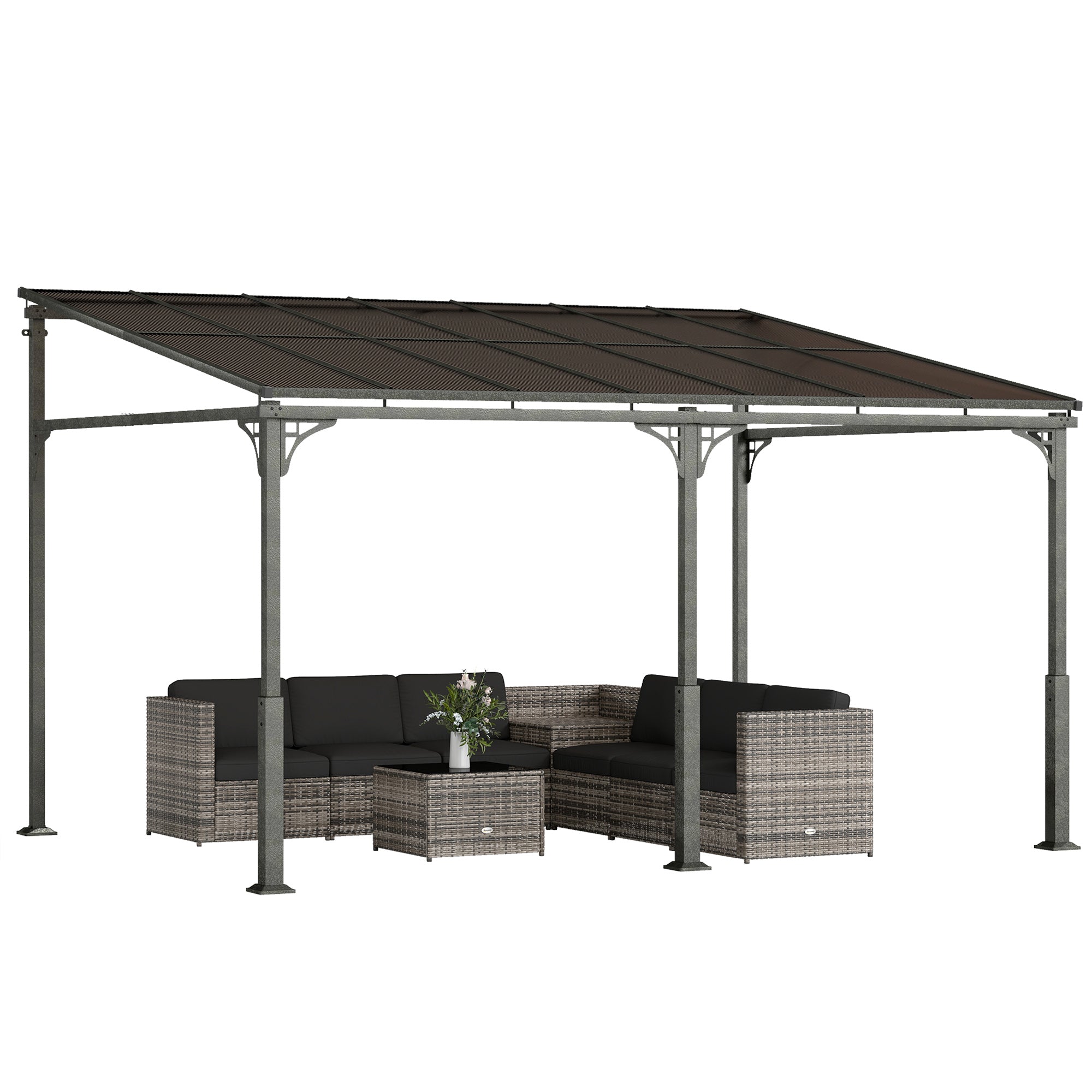 4 x 3 m Wall-Mounted Pergola with 7 mm Polycarbonate Roof — Metal & Aluminum Garden Gazebo, UV Protection, Brown