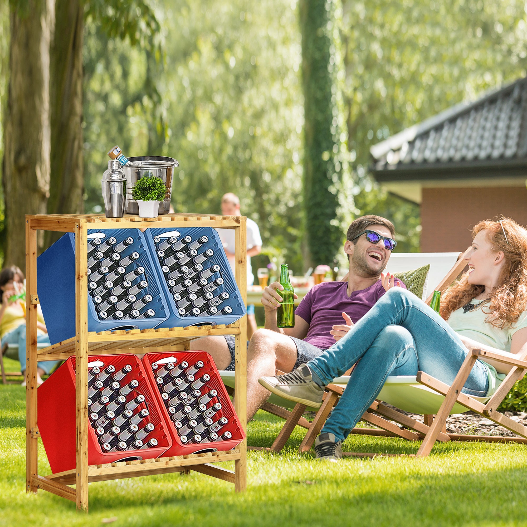 Beverage Crate Stand, Beverage Crate Rack, Crate Rack with 2 Tilted Shelves, Bottle Crate Rack for 4 Beverage Crates, Natural, 74 x 45 x 111 cm