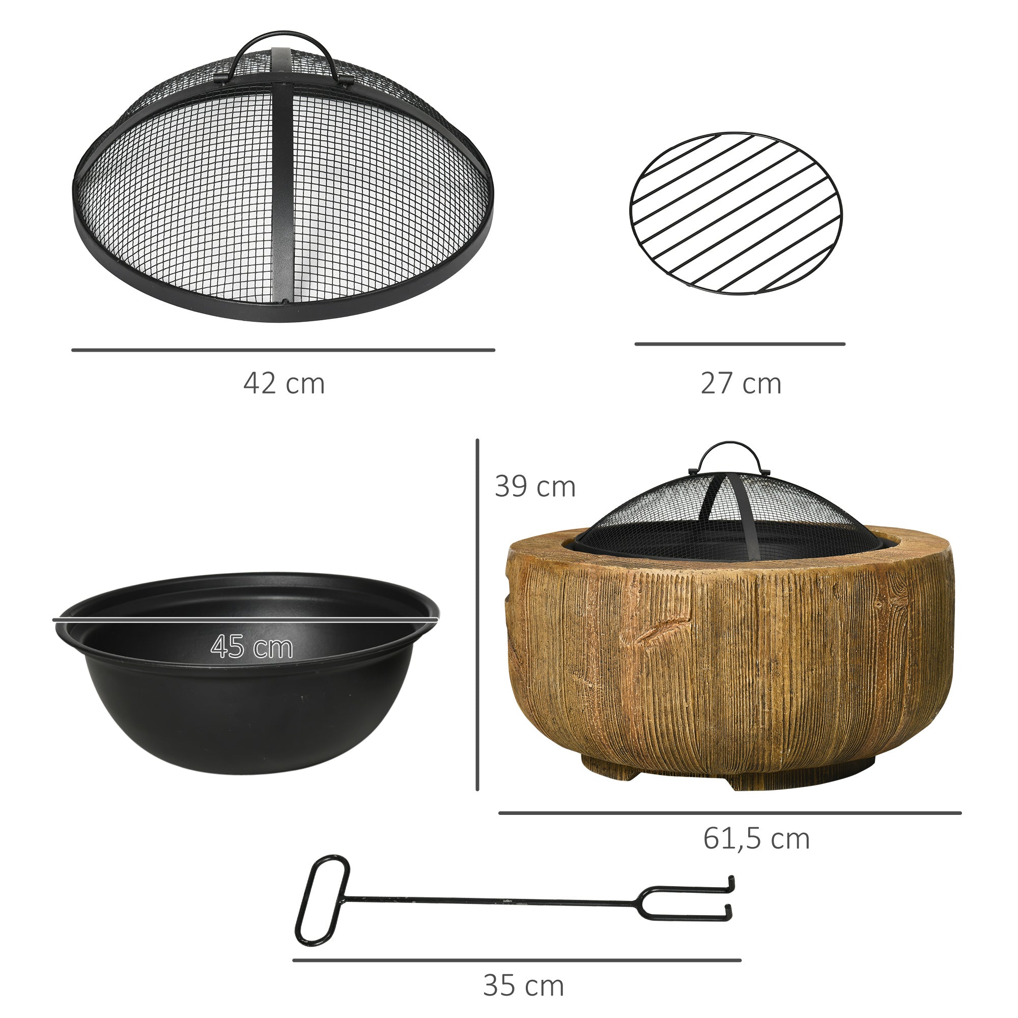 Fire Pit, Fire Bowl with Lid, Fire Basket with Poker, in Tree Stump Design, for Garden, Camping, Patio, Steel, MgO, Brown