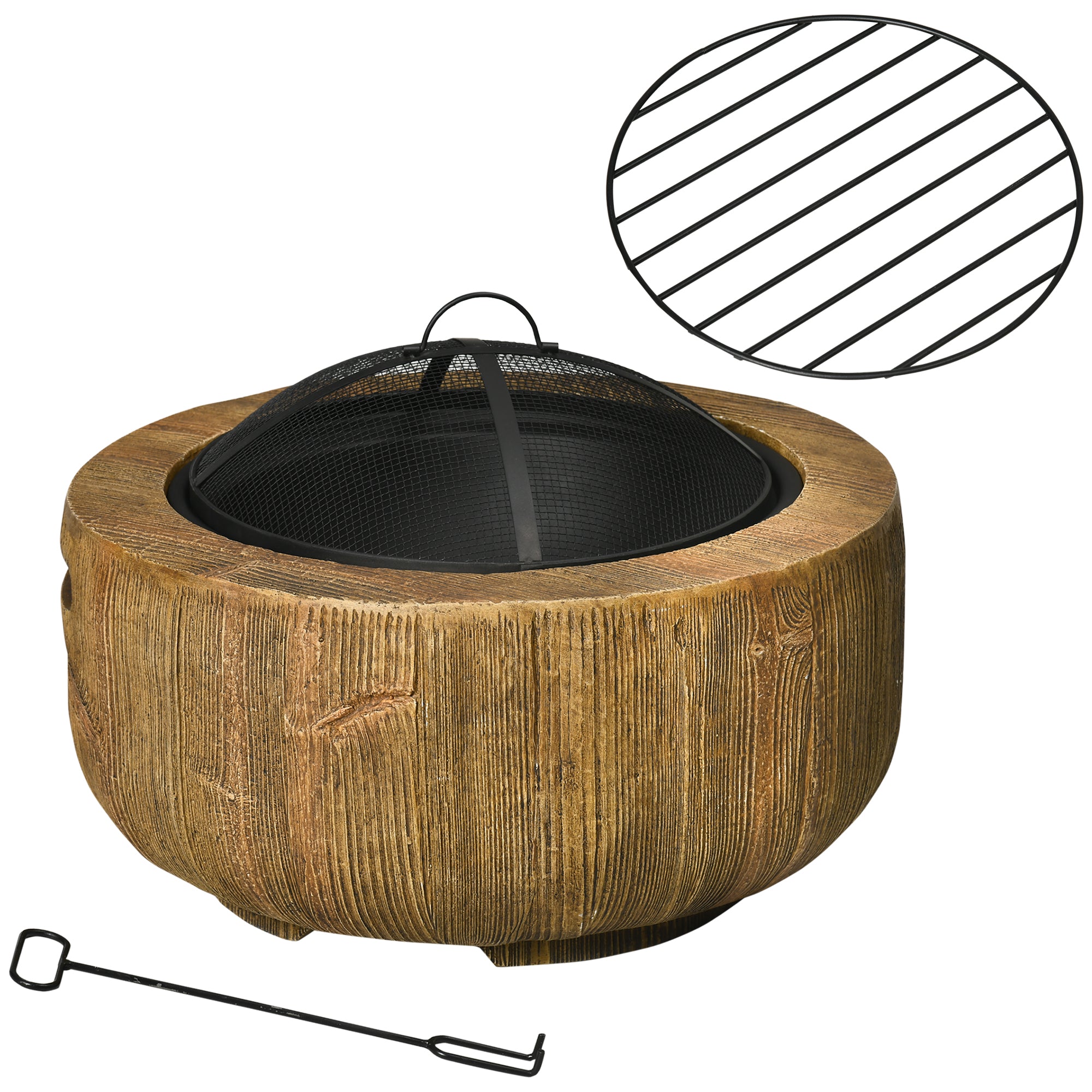 Fire Pit, Fire Bowl with Lid, Fire Basket with Poker, in Tree Stump Design, for Garden, Camping, Patio, Steel, MgO, Brown
