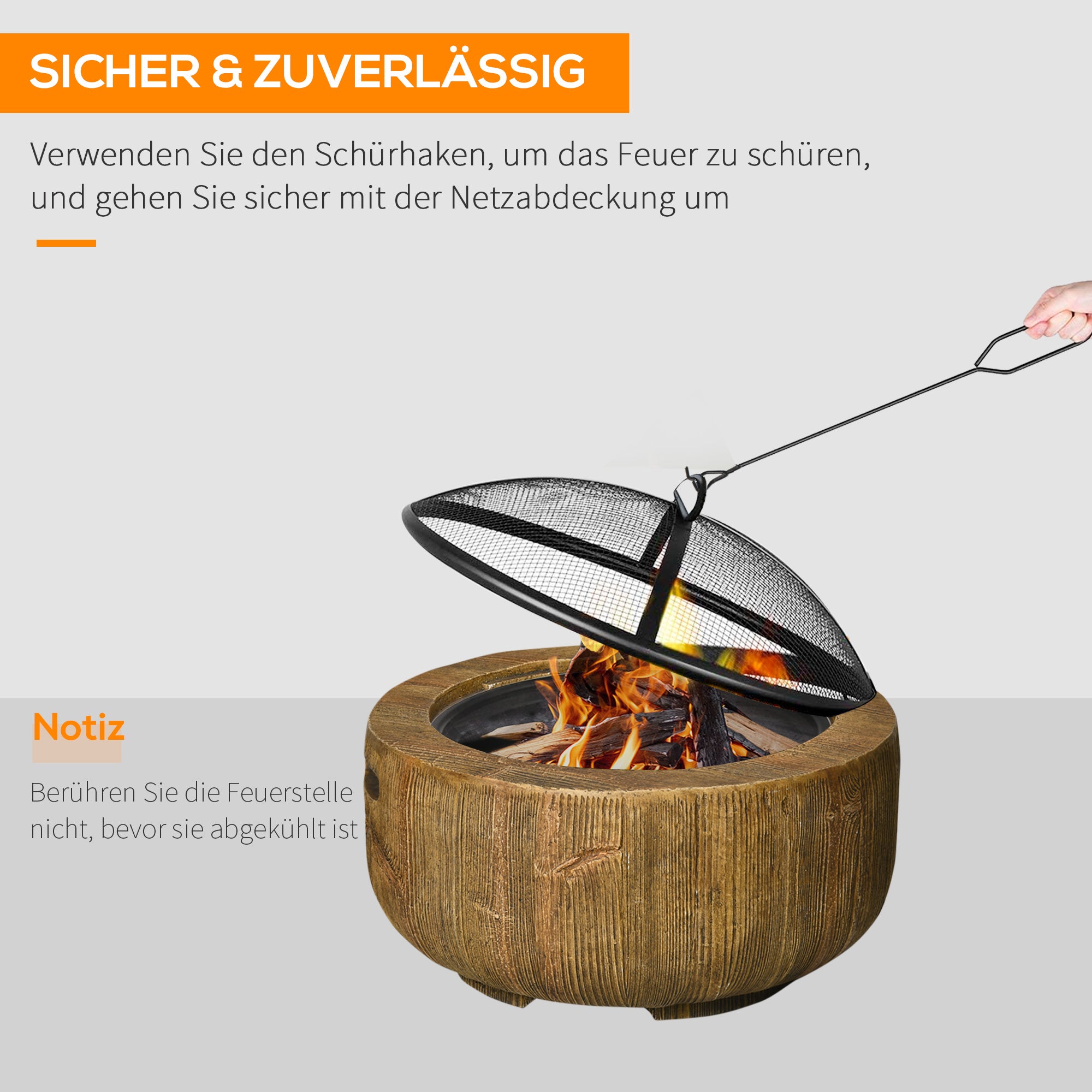 Fire Pit, Fire Bowl with Lid, Fire Basket with Poker, in Tree Stump Design, for Garden, Camping, Patio, Steel, MgO, Brown