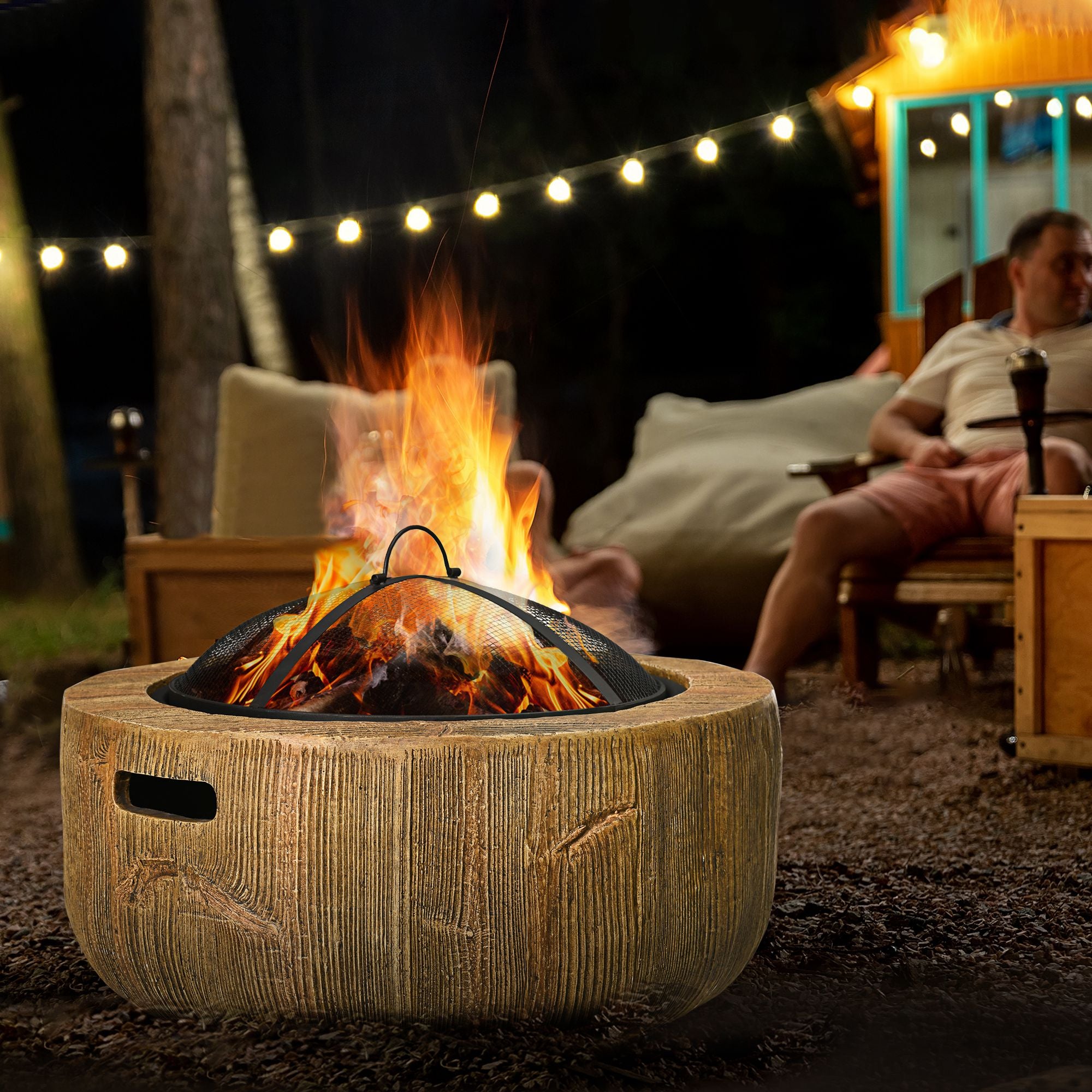 Fire Pit, Fire Bowl with Lid, Fire Basket with Poker, in Tree Stump Design, for Garden, Camping, Patio, Steel, MgO, Brown