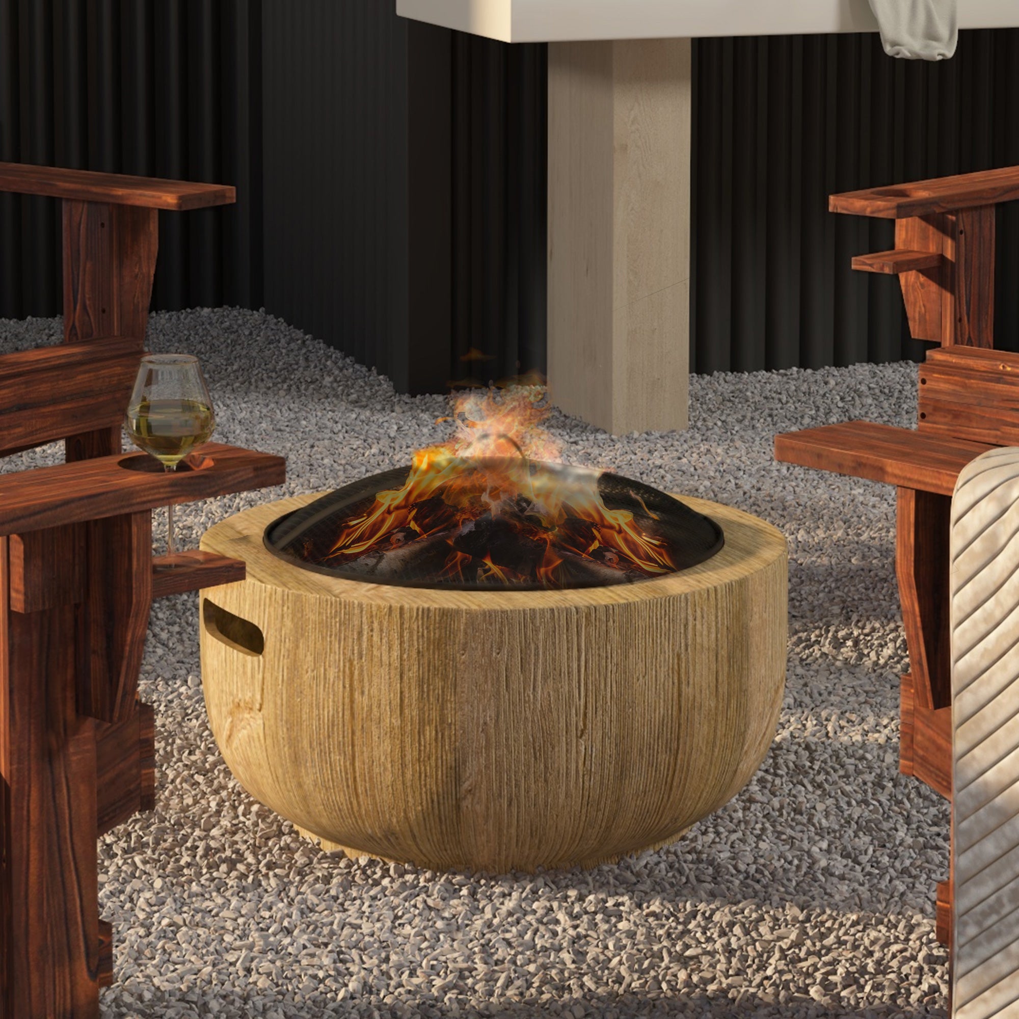 Fire Pit, Fire Bowl with Lid, Fire Basket with Poker, in Tree Stump Design, for Garden, Camping, Patio, Steel, MgO, Brown