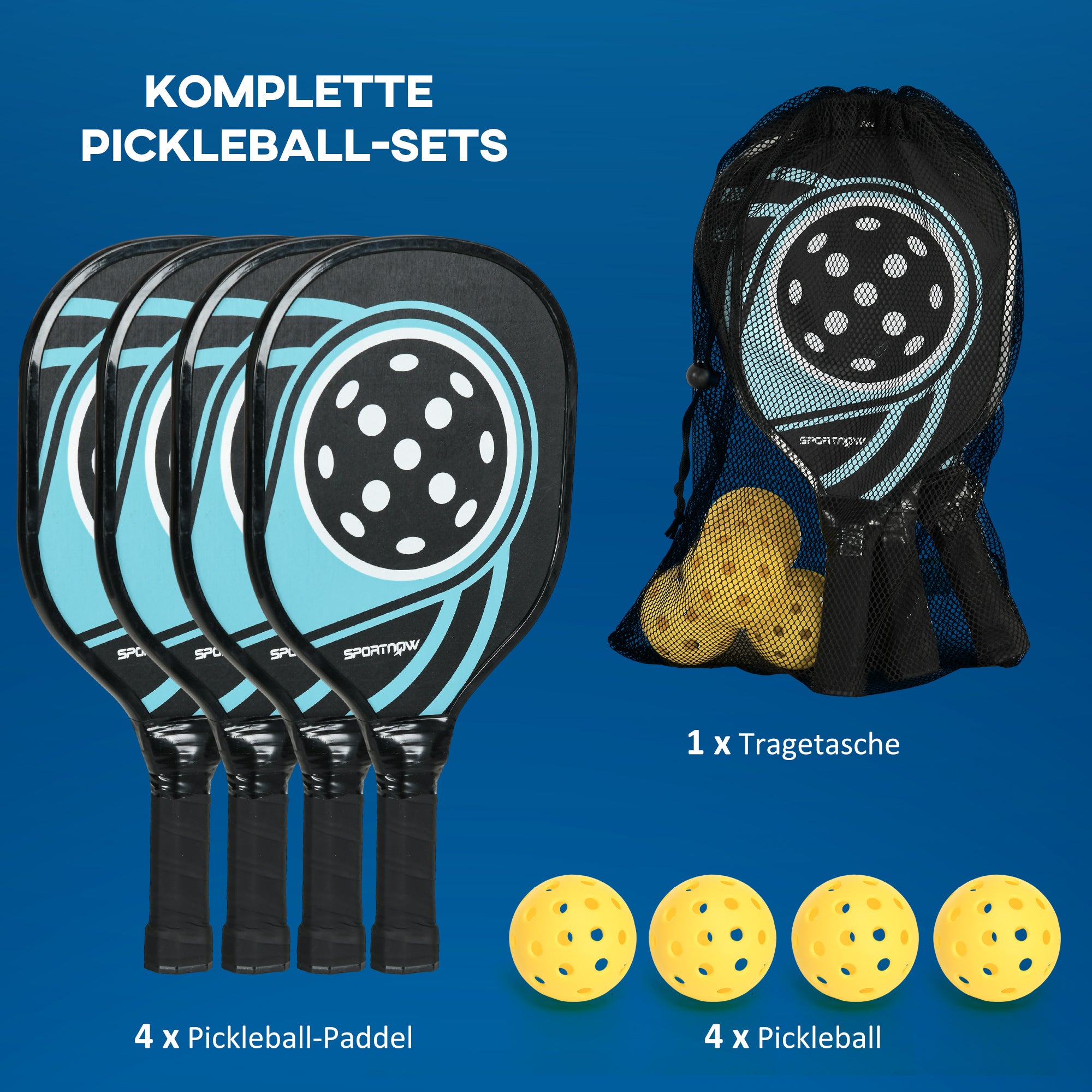 SPORTNOW Pickleball Paddles Set with 4 Paddles, 4 Balls, Ergonomic Grip Bag, Paddle Rackets for Indoor & Outdoor, Beginner Casual Players