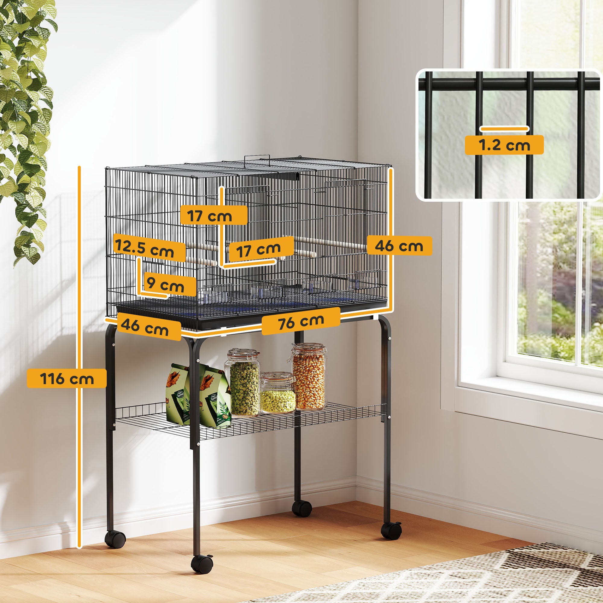 Bird Cage with Divider Birdhouse with Wheels 4 Feeders 4 Perches and Removable Tray Cage for Parrots Canaries Budgies 30x18x46 inches Black
