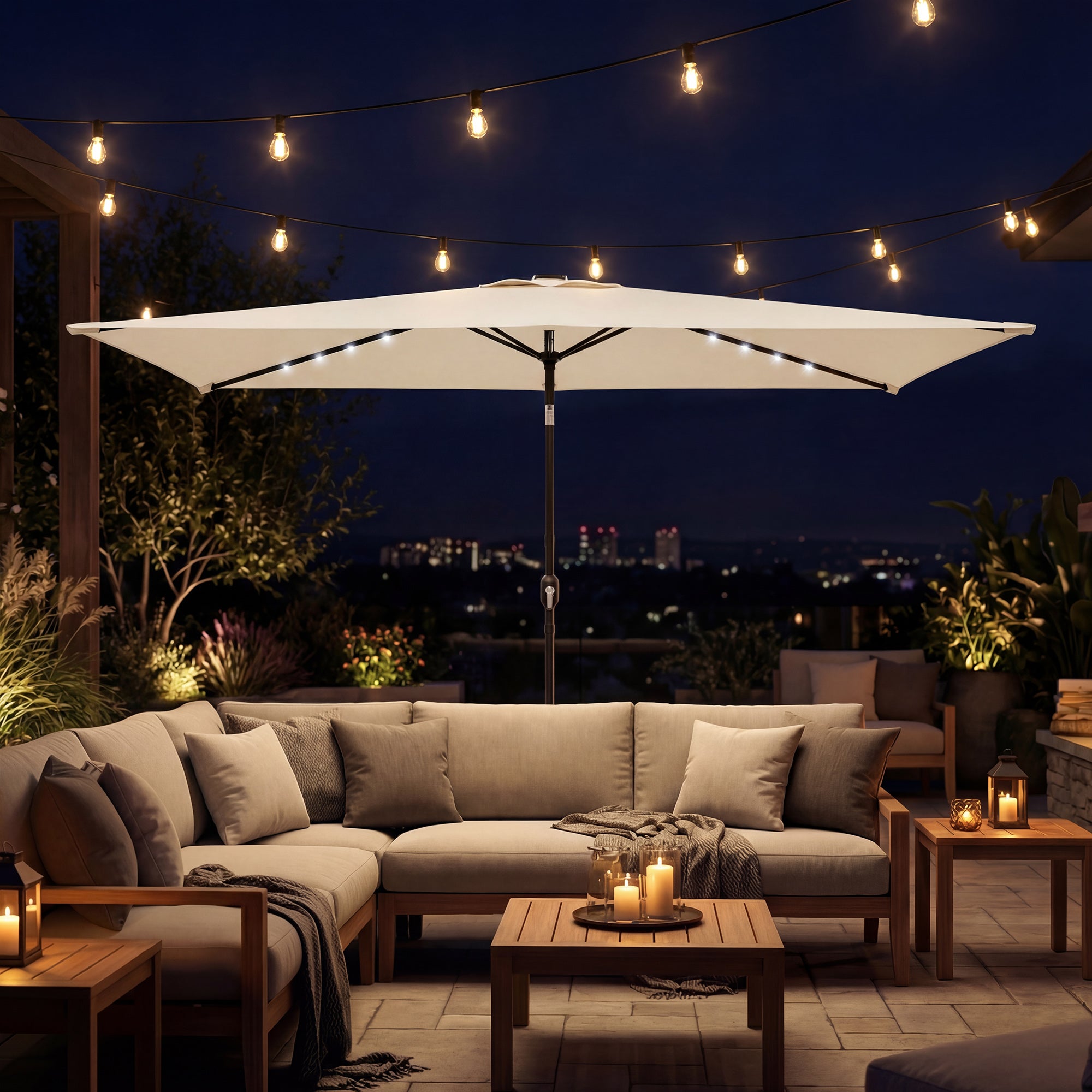 Outdoor Patio Umbrella, 9.5 x 8.2 ft, 24 Solar LED Lights, Tilt Canopy, Metal Pole, Cream