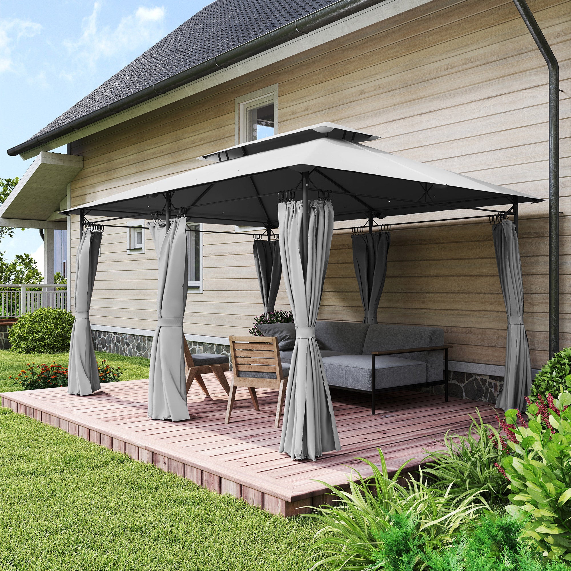 Garden Gazebo 4x3 m Garden Pergola with Double Roof Side Walls Water-Resistant Canopy for Outdoor Terrace Patio Dark Gray