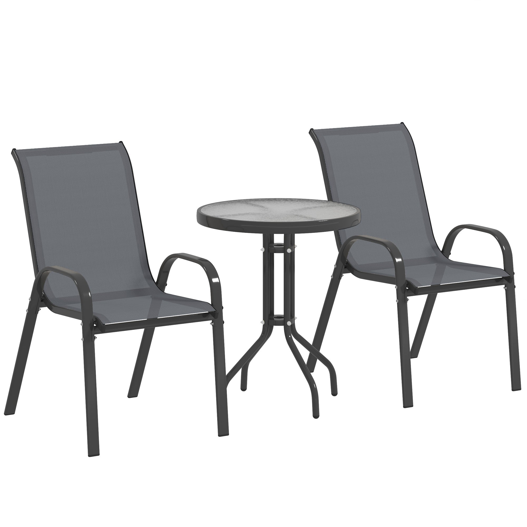 3-Piece Weather-Resistant Bistro Patio Set with Glass Table and Stackable Chairs — Dark Gray