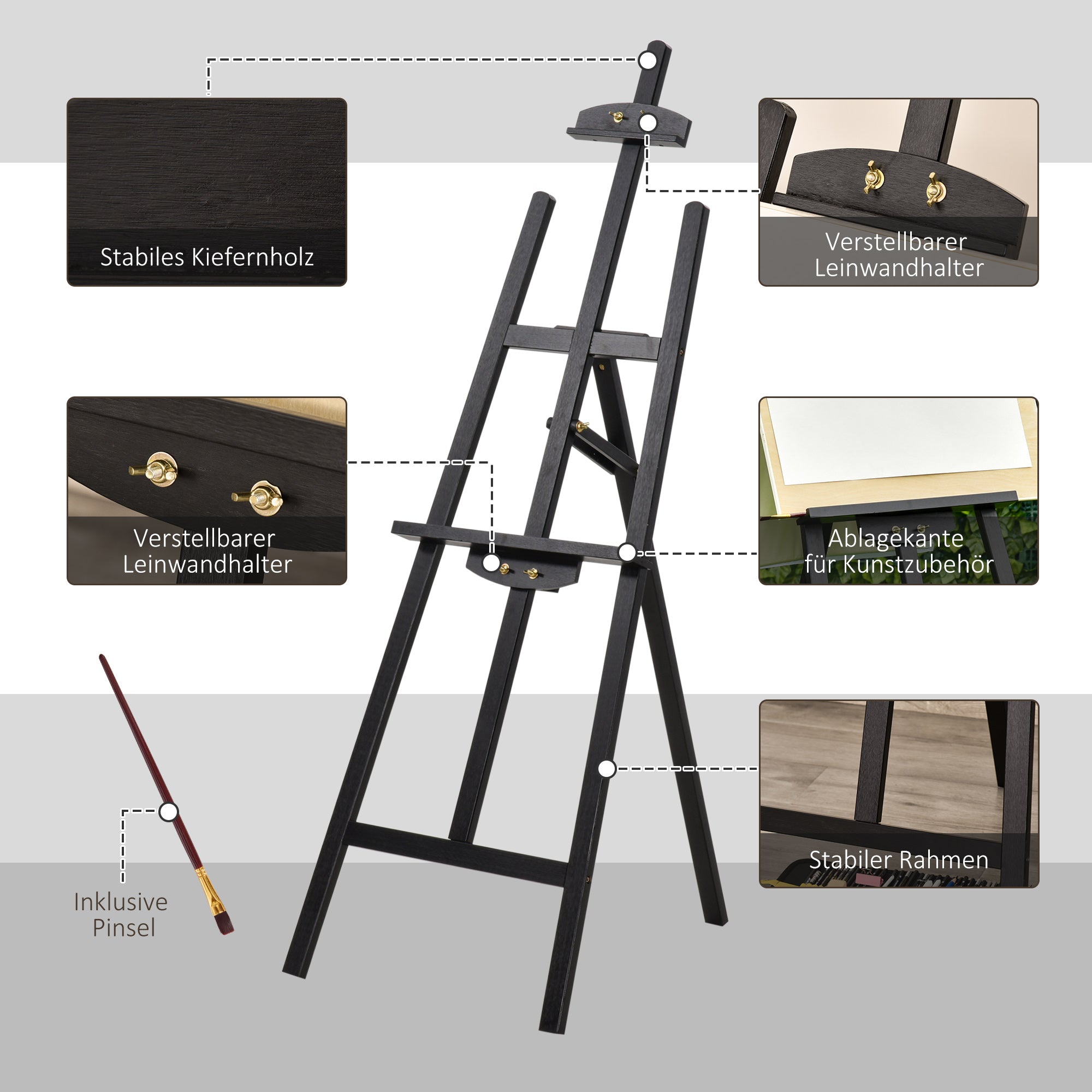 Easel Folding Studio Easel 90° Adjustable with Holder for Art Painting And Outdoor Advertising Pine Wood Black 51.5 x 71.5 x 134.5 cm