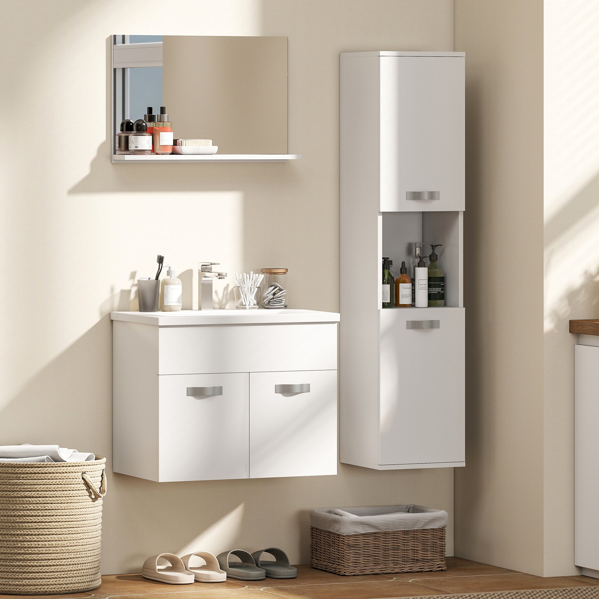 4-Piece Wall-Mounted Bathroom Vanity Set with Ceramic Basin, Tall Storage Cabinet & Mirror — Modern White