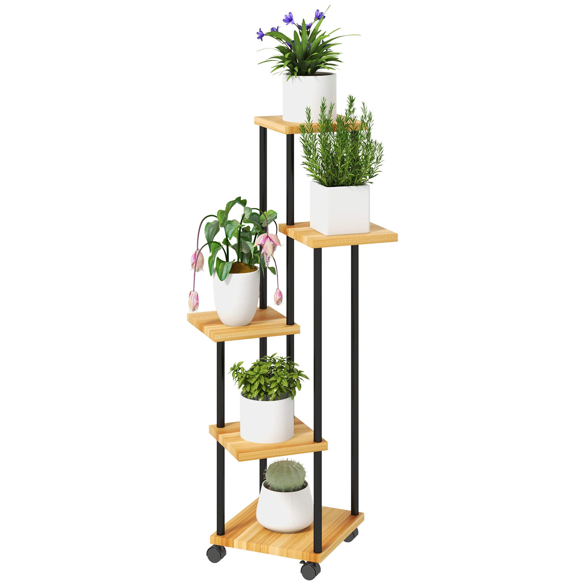 5-Tier Plant Stand for Indoor and Outdoor, Plant Shelf with 4 Wheels, Steel and Wood Plant Holder for Garden, Patio, Balcony, Living Room, Natural Wood
