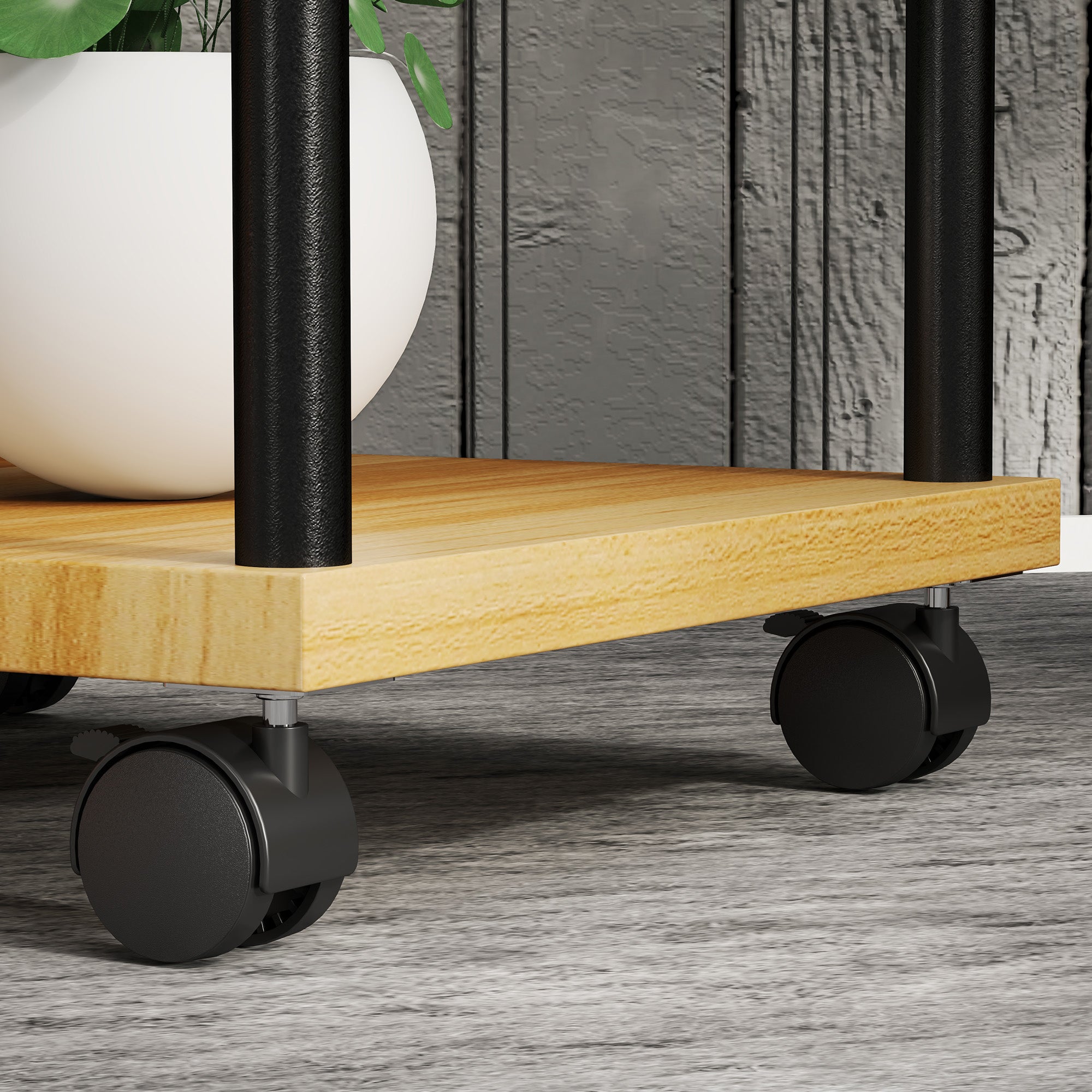 5-Tier Plant Stand for Indoor and Outdoor, Plant Shelf with 4 Wheels, Steel and Wood Plant Holder for Garden, Patio, Balcony, Living Room, Natural Wood