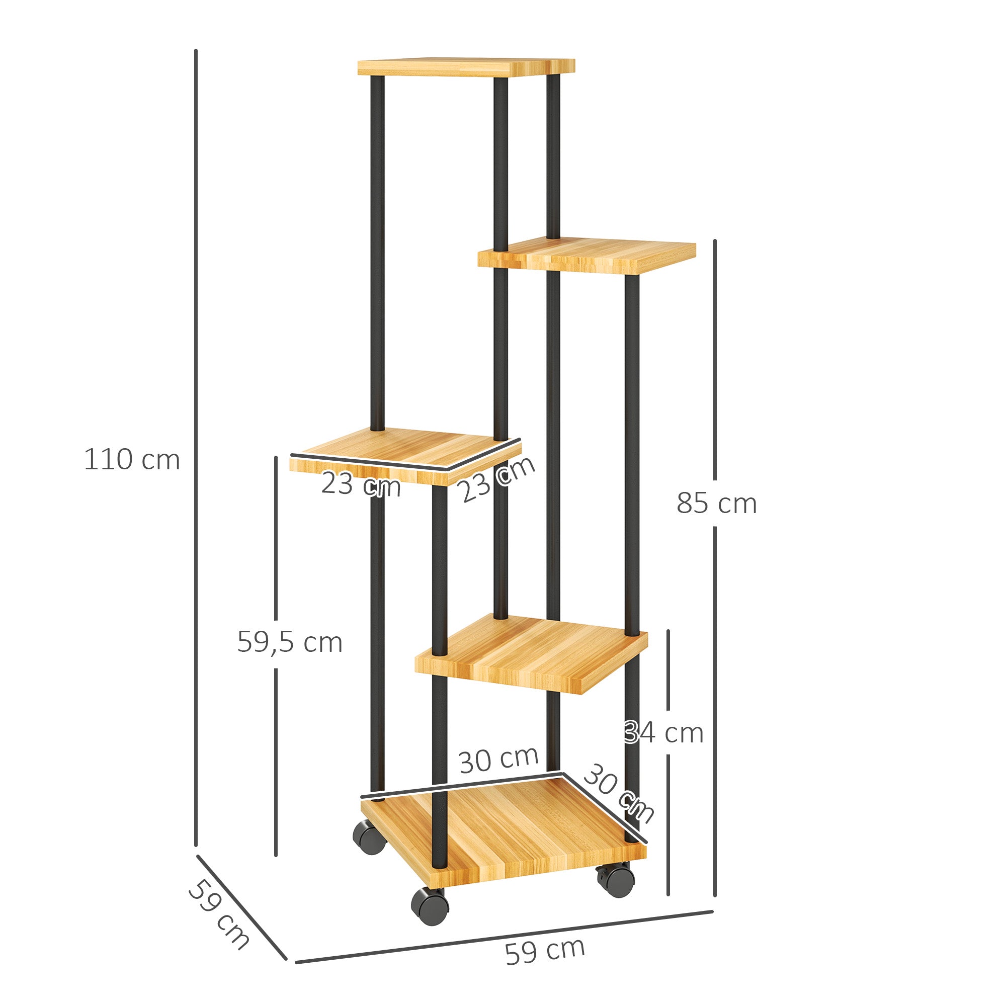 5-Tier Plant Stand for Indoor and Outdoor, Plant Shelf with 4 Wheels, Steel and Wood Plant Holder for Garden, Patio, Balcony, Living Room, Natural Wood