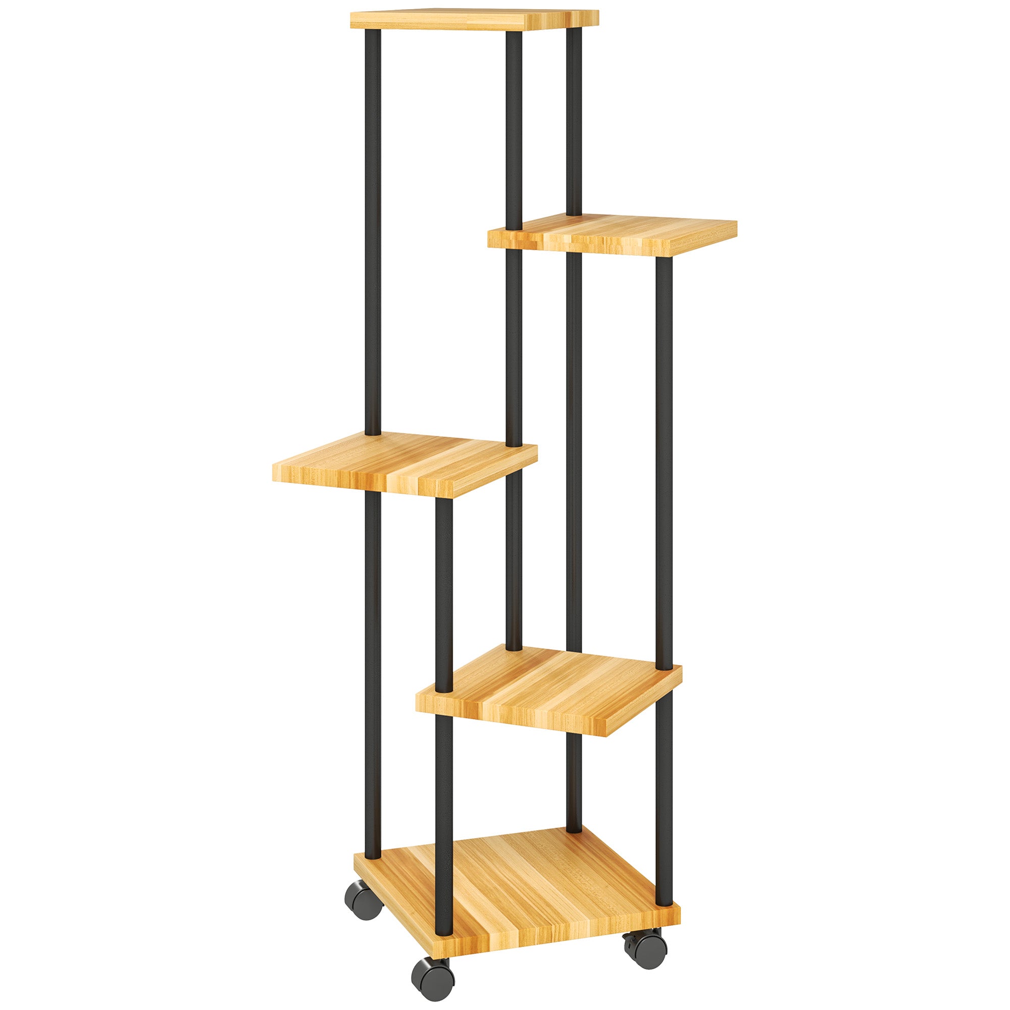5-Tier Plant Stand for Indoor and Outdoor, Plant Shelf with 4 Wheels, Steel and Wood Plant Holder for Garden, Patio, Balcony, Living Room, Natural Wood