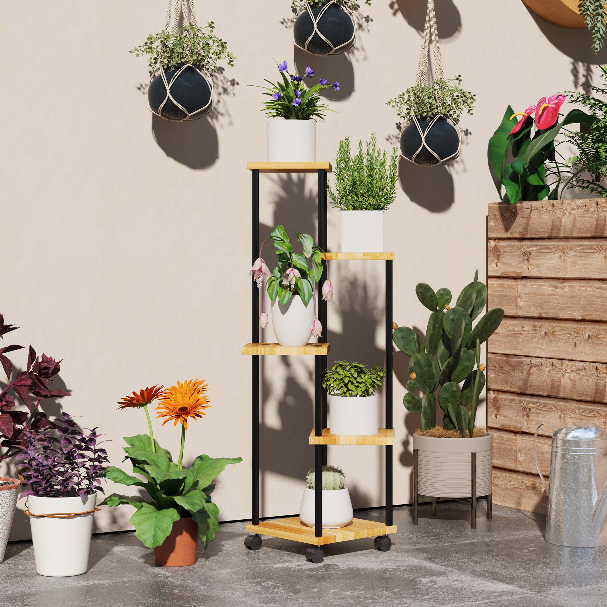 5-Tier Plant Stand for Indoor and Outdoor, Plant Shelf with 4 Wheels, Steel and Wood Plant Holder for Garden, Patio, Balcony, Living Room, Natural Wood