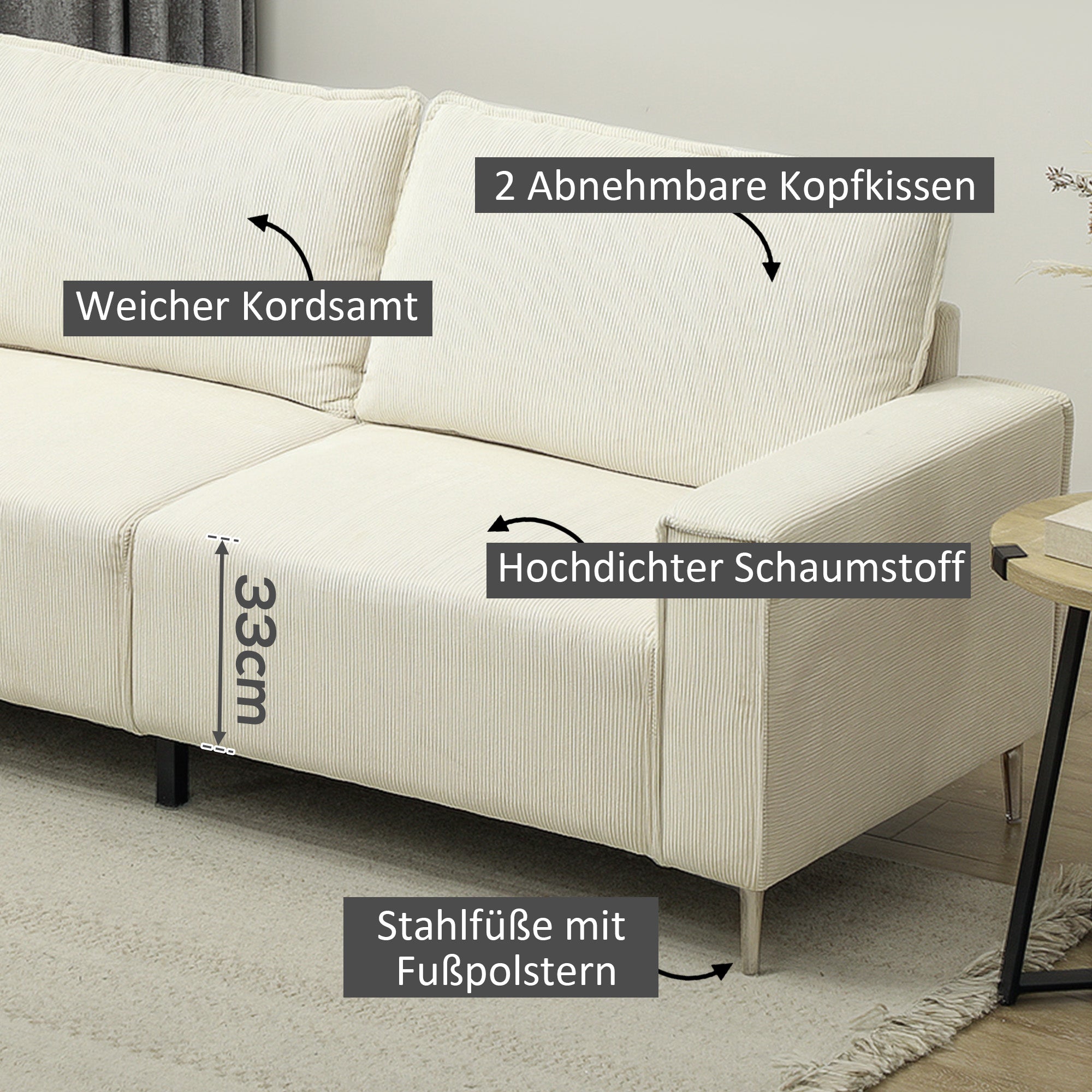 3-Seater Sofa, Couch with Armrests, Back Cushions, Living Room Sofa with Corduroy Upholstery, Spring Core, Thickly Padded Couch for Living Room, Bedroom 193 x 77 x 80 cm, Cream White