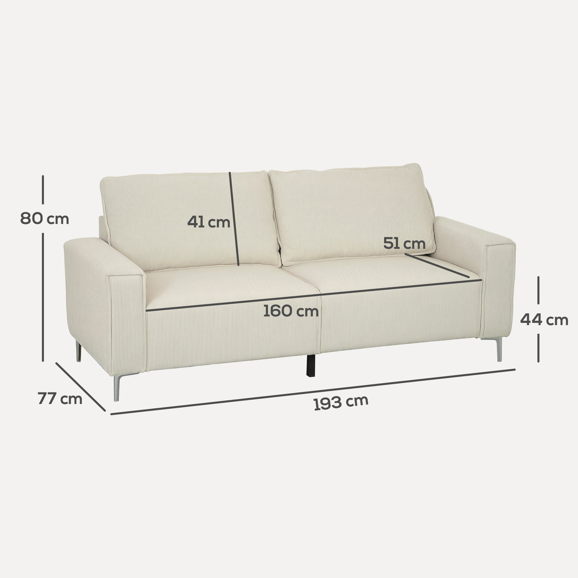 3-Seater Sofa, Couch with Armrests, Back Cushions, Living Room Sofa with Corduroy Upholstery, Spring Core, Thickly Padded Couch for Living Room, Bedroom 193 x 77 x 80 cm, Cream White