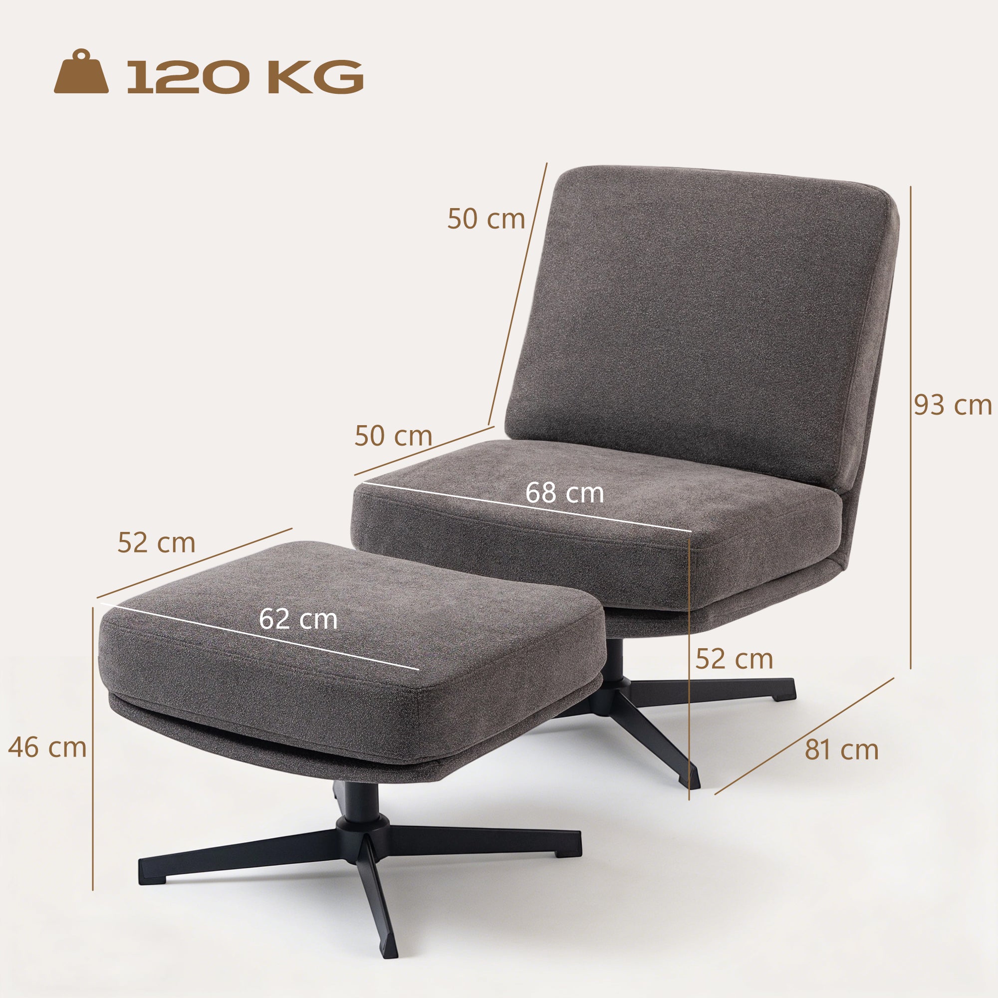 Swivel Lounge Chair with Ottoman, Linen-Look Upholstery, Wide Thick Seat, Modern Relax Chair for Living Room & Bedroom, Dark Gray
