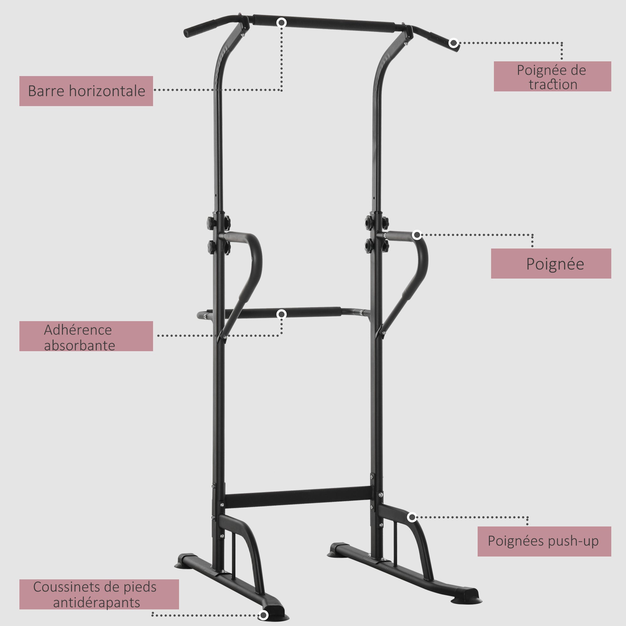 Multifunctional Weight Bench Pull-Up Bar Roman Chair Adjustable Height Black and Red Steel