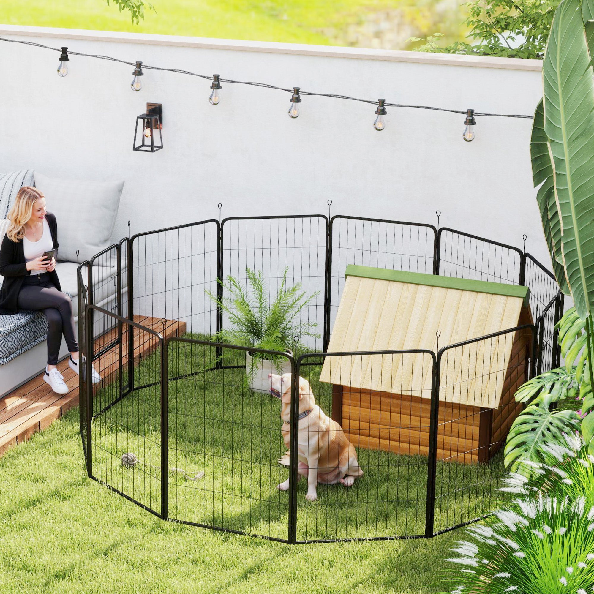 Puppy Playpen Puppy Enclosure with 12 Panels 68x100 cm Each Door Ground Stakes Flexible Foldable Protective Cover Free-Range Enclosure 100cm High Dog Playpen Indoors Outdoors Puppy Fence for Dog Cat