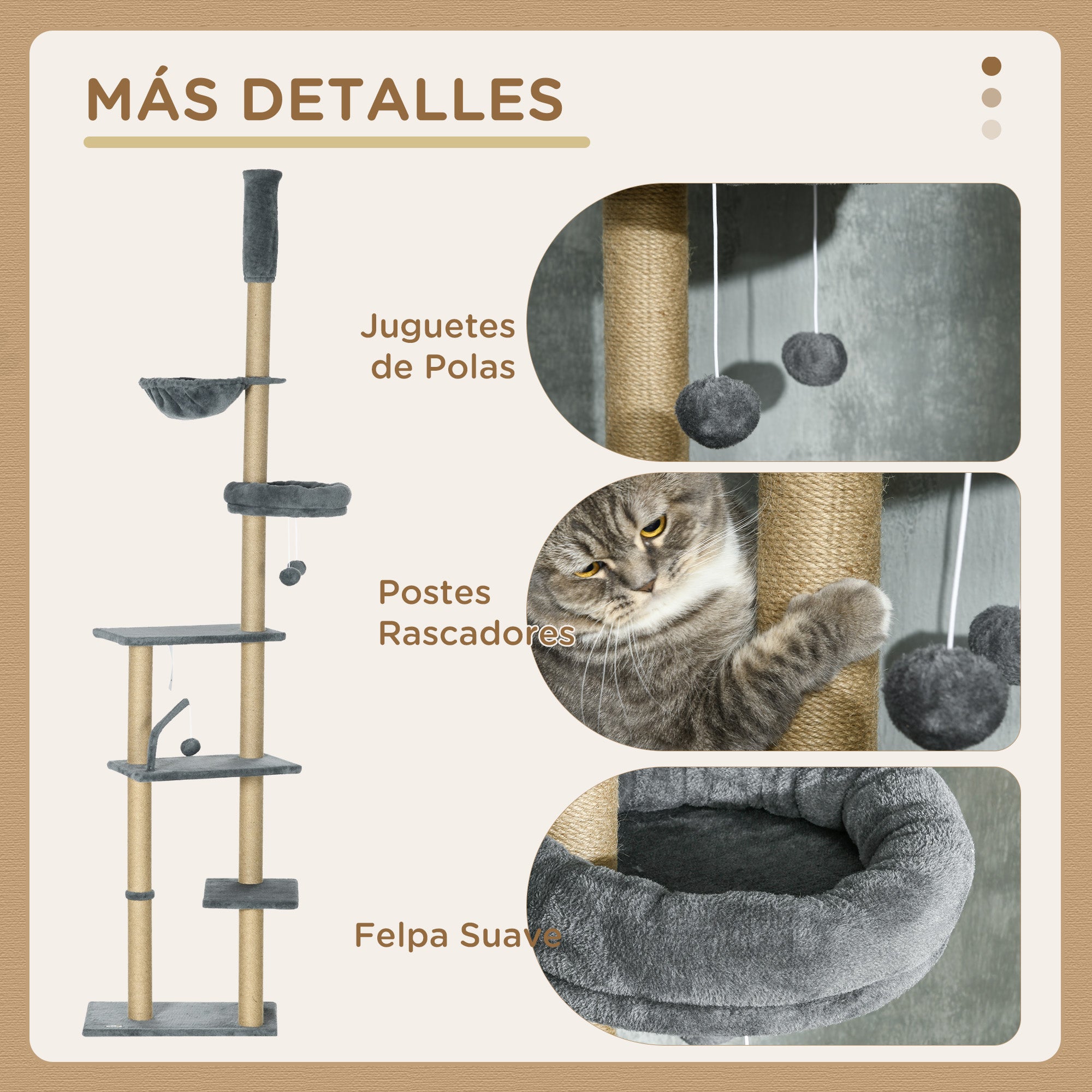 Floor-to-Ceiling Cat Tree 230-250cm Cat Scratching Tree with Adjustable Height Multiple Platforms Baskets Hammock Hanging Balls Gray