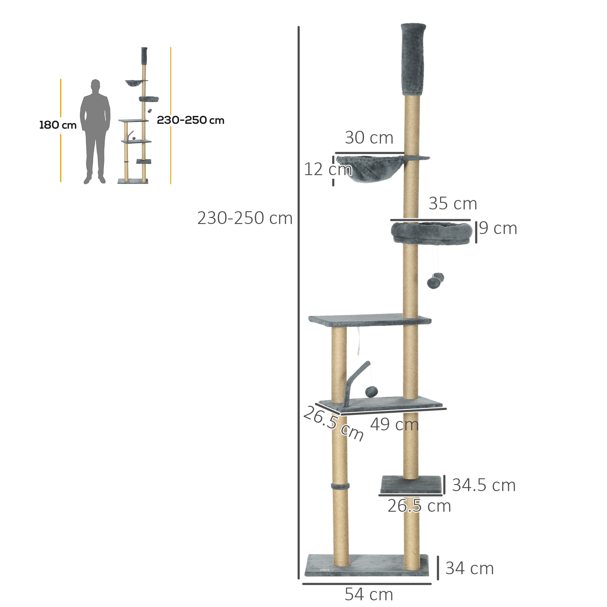 Floor-to-Ceiling Cat Tree 230-250cm Cat Scratching Tree with Adjustable Height Multiple Platforms Baskets Hammock Hanging Balls Gray