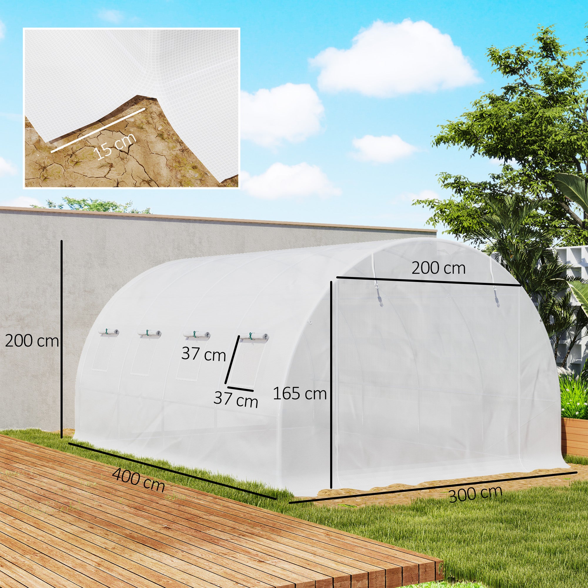 Replacement Cover Garden Tunnel Greenhouse 12 sqm, cover 4 x 3 x 2 m PE Anti-UV waterproof 8 windows + Zip Roll-Up Door White