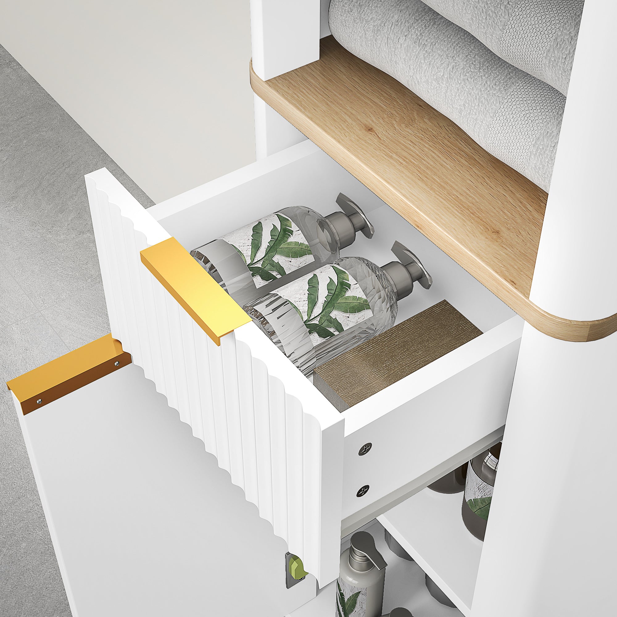 Bathroom Cabinet Column Bathroom Furniture with 3 Open Shelves, Drawer, and 2 Adjustable Shelves for Small Areas 33L x 30W x 170H cm White